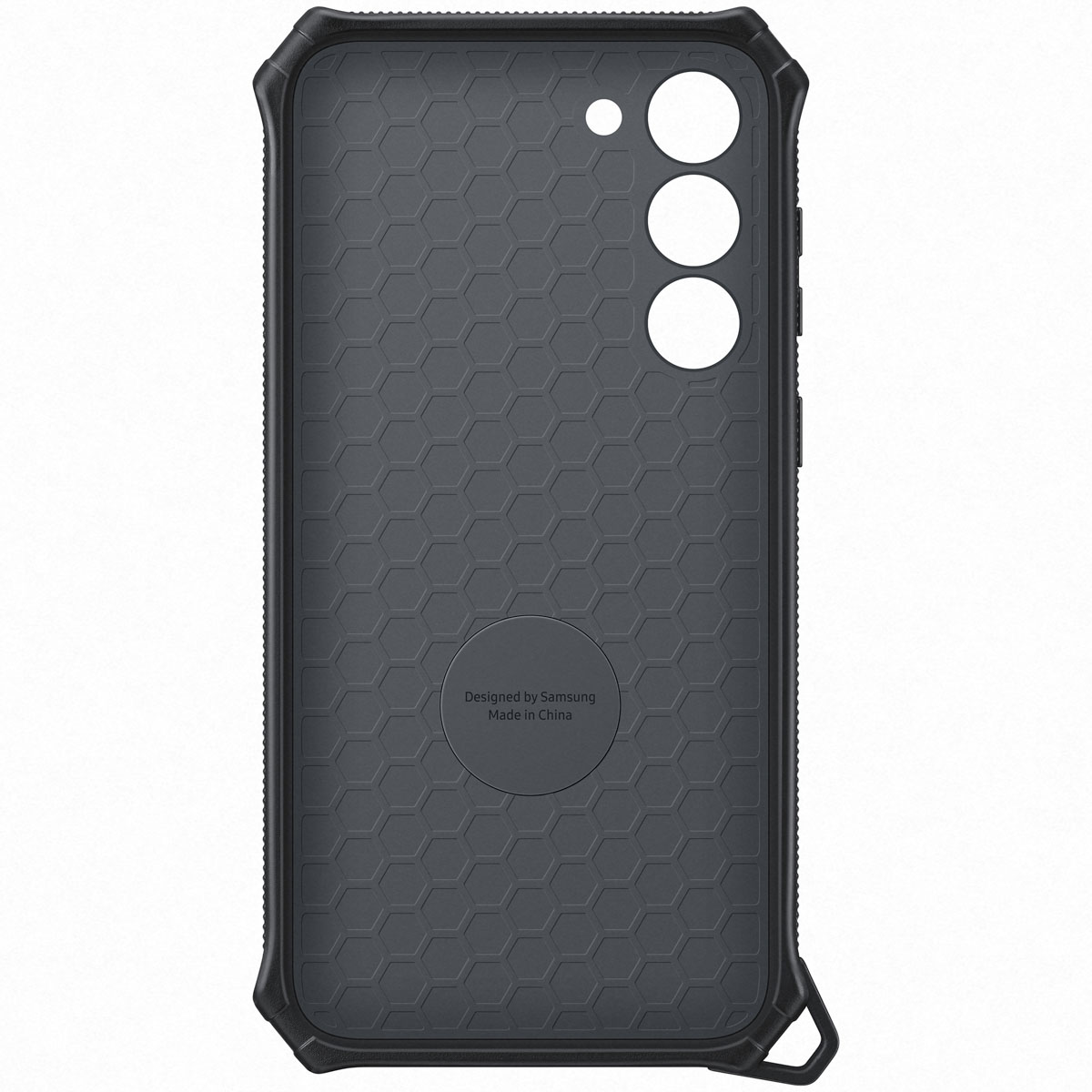 Wnętrze czarnego etui na telefon z wzorem plastra miodu. Widnieje napis 'Designed by Samsung'.
