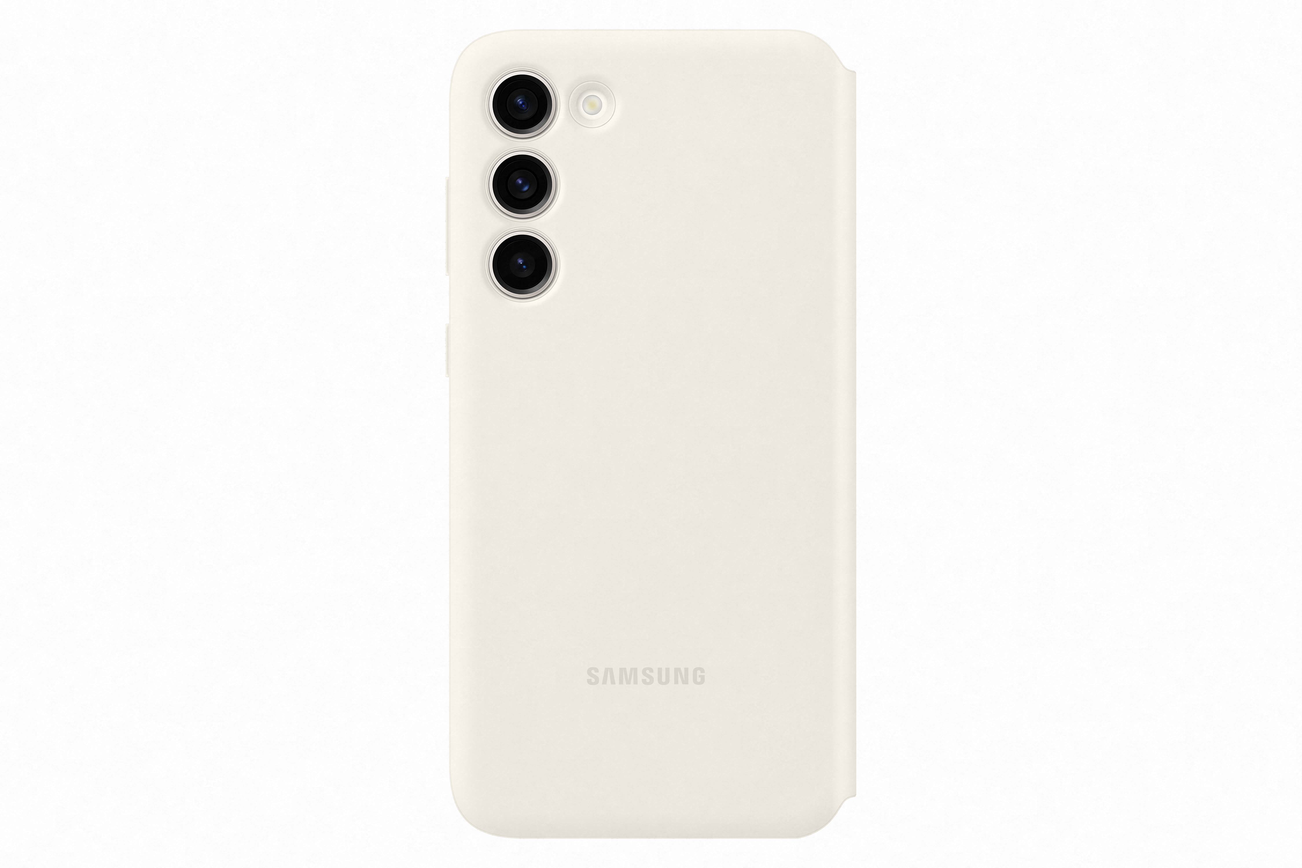 Białe etui na smartfon z trzema obiektywami i logo Samsung na białym tle.