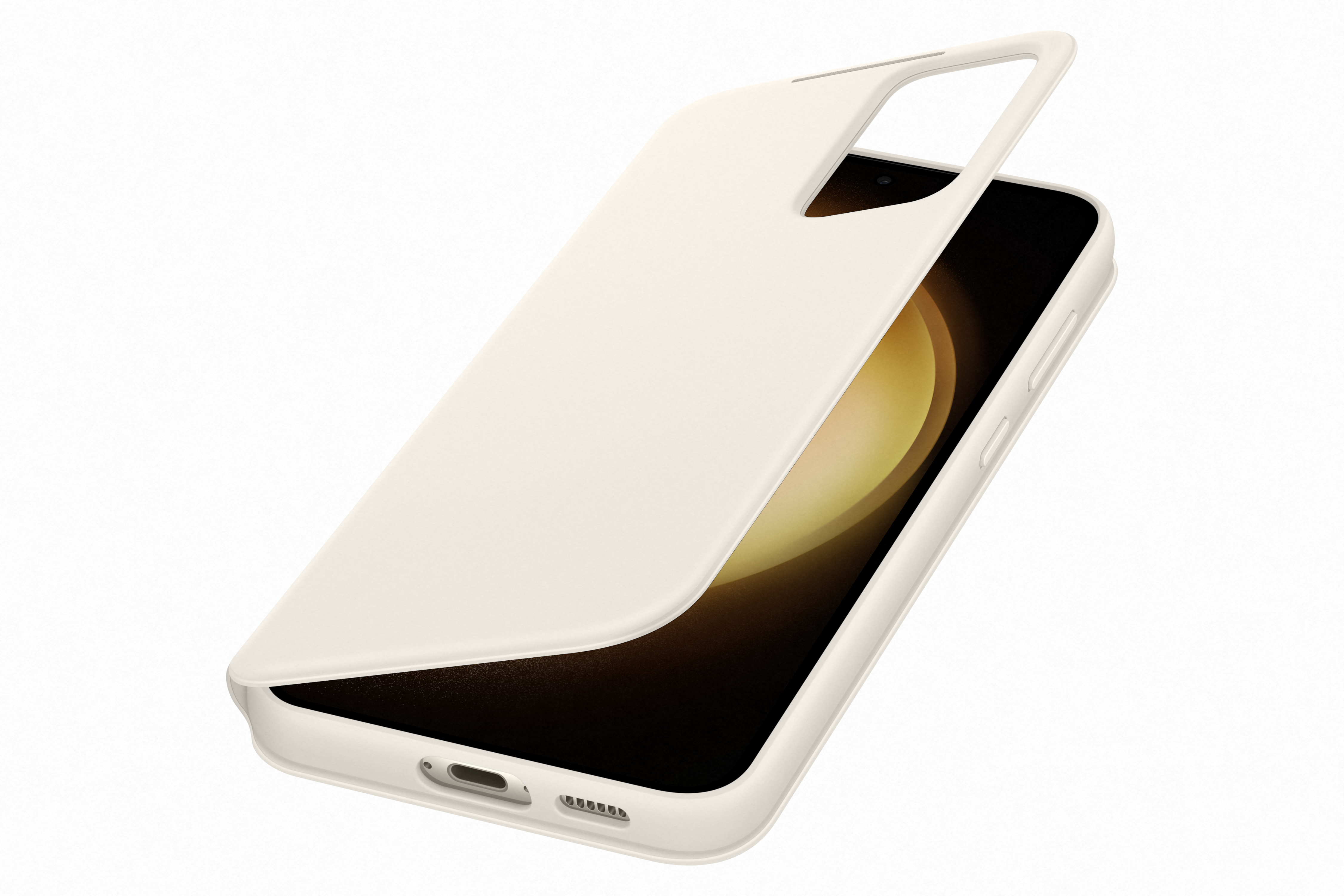 Pokazano białe etui na telefon. Otwiera się, odsłaniając czarny smartfon.