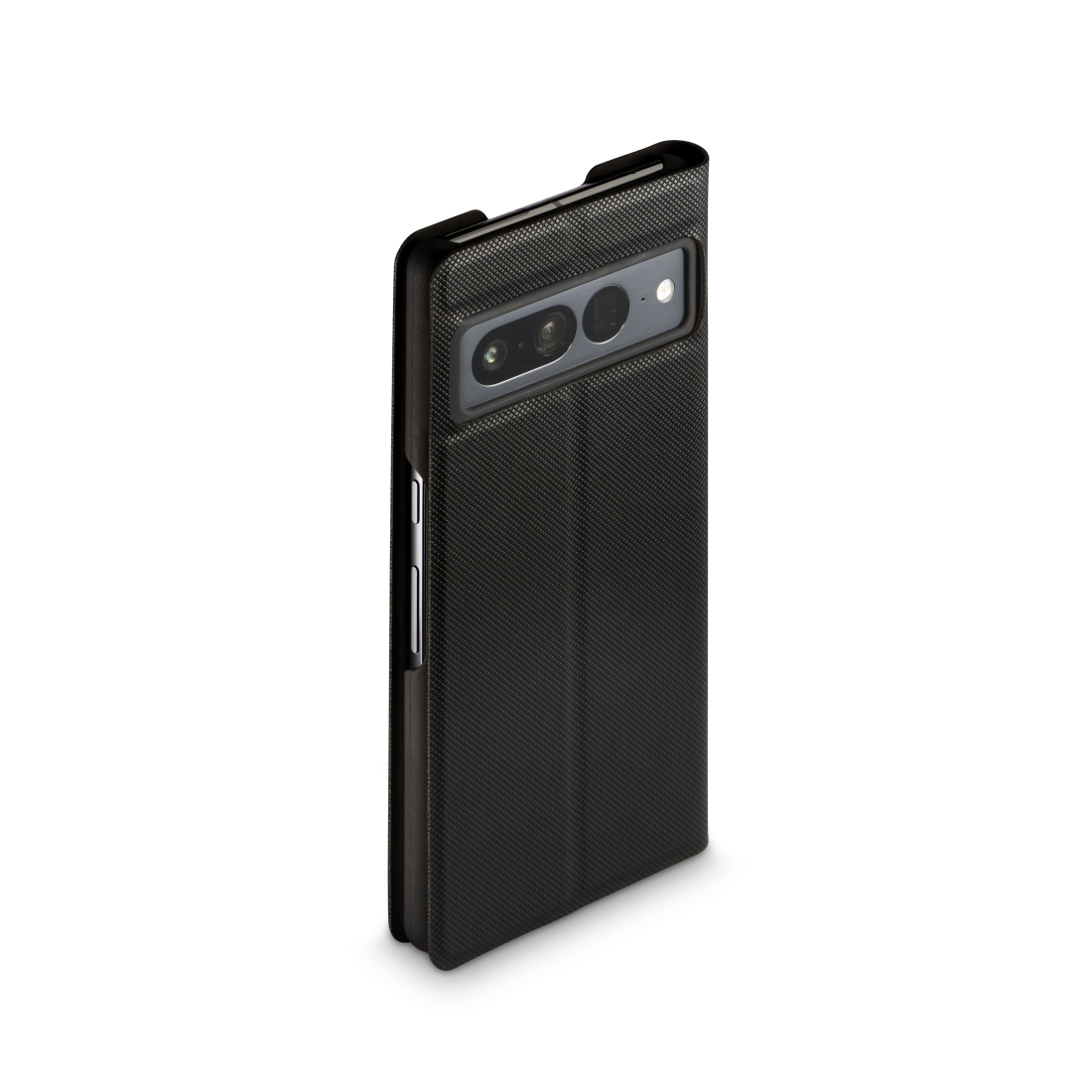 Una custodia nera per telefono, che copre un telefono con due fotocamere.