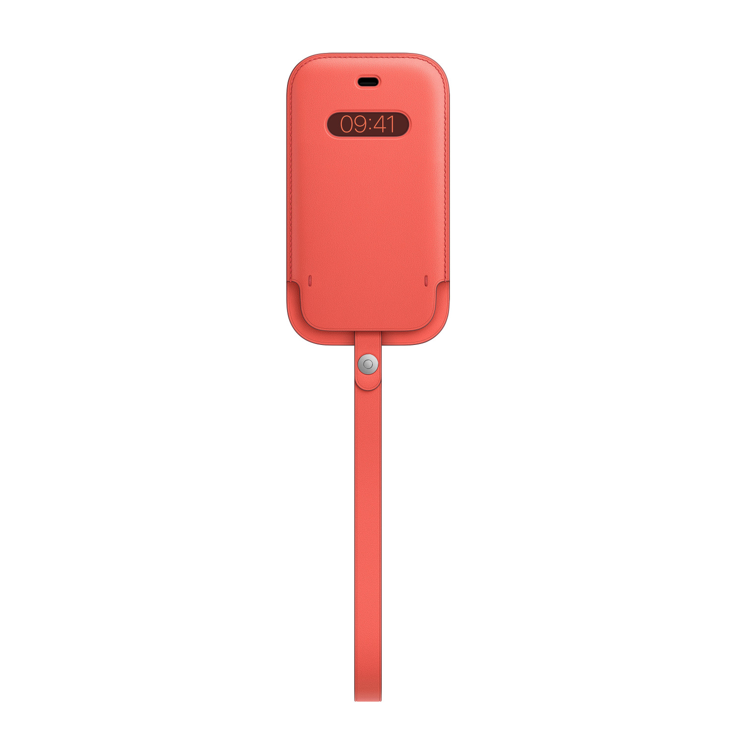Coque de téléphone rouge avec écran et dragonne. Affiche 09:41.