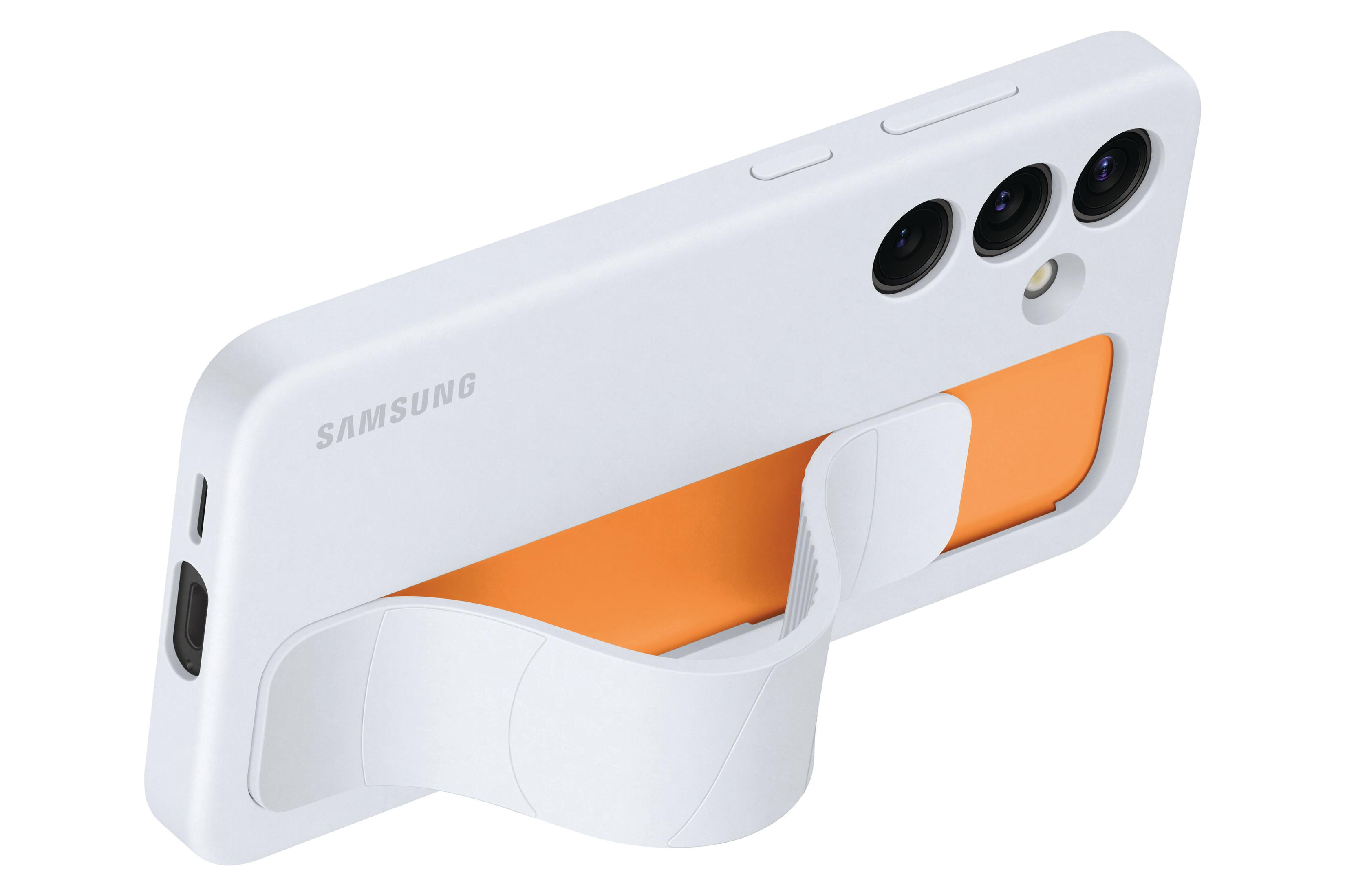 Witte telefoonhoes met oranje streep en standaard. Samsung logo zichtbaar. Telefoon is schuin.