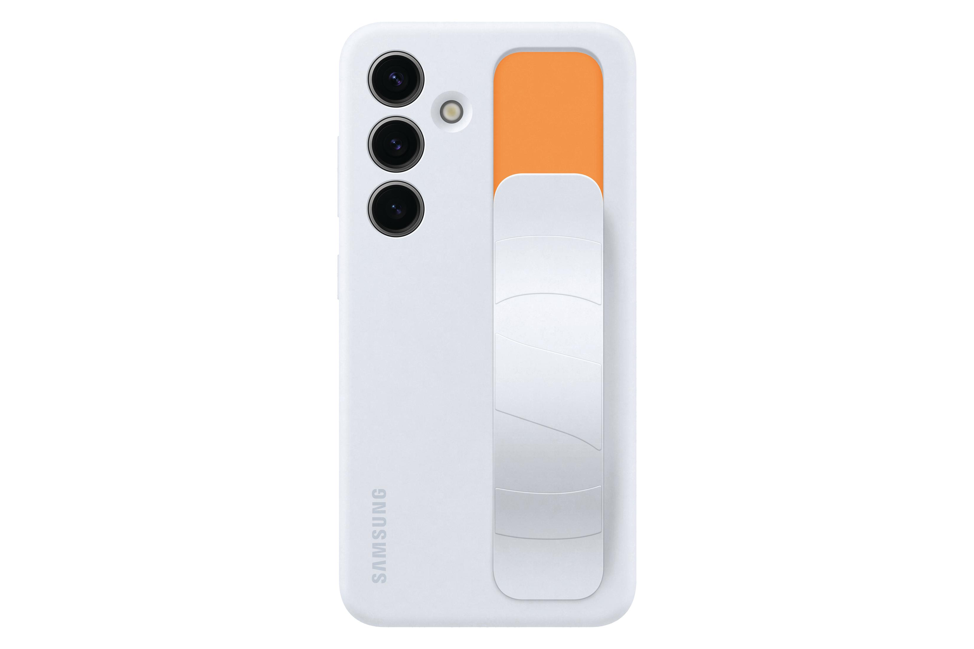 Een witte telefoonhoes met een witte standaard en een oranje accent, een achteraanzicht van een telefoonhoesje.