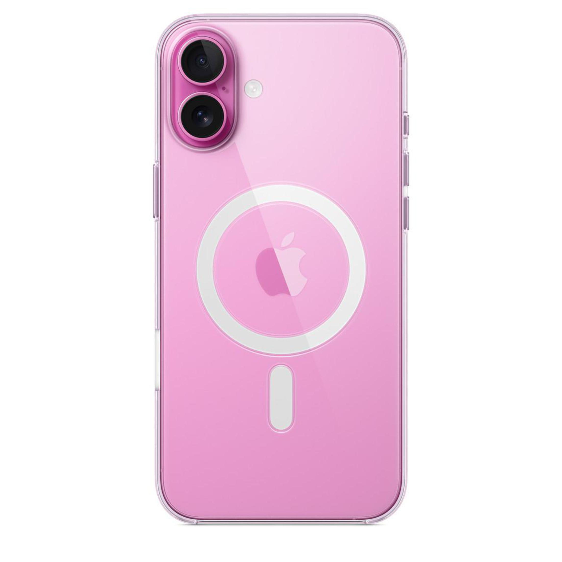 Una custodia rosa per telefono con due obiettivi della fotocamera e un logo Apple. La custodia è trasparente.
