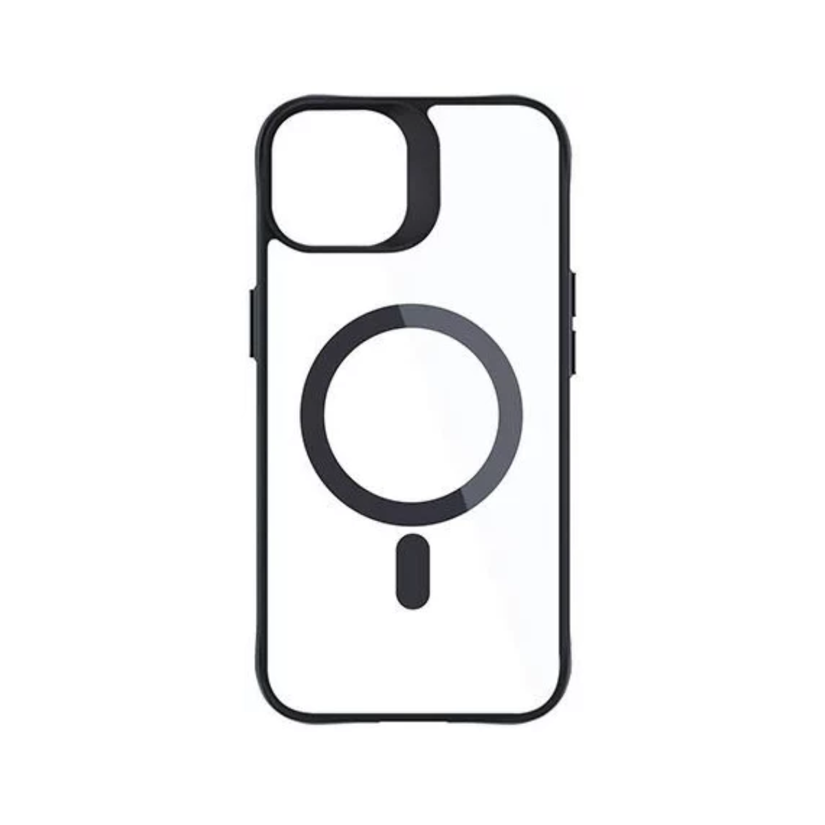 Custodia trasparente per iPhone con bordo nero. Cerchio nero con segno meno sul retro.