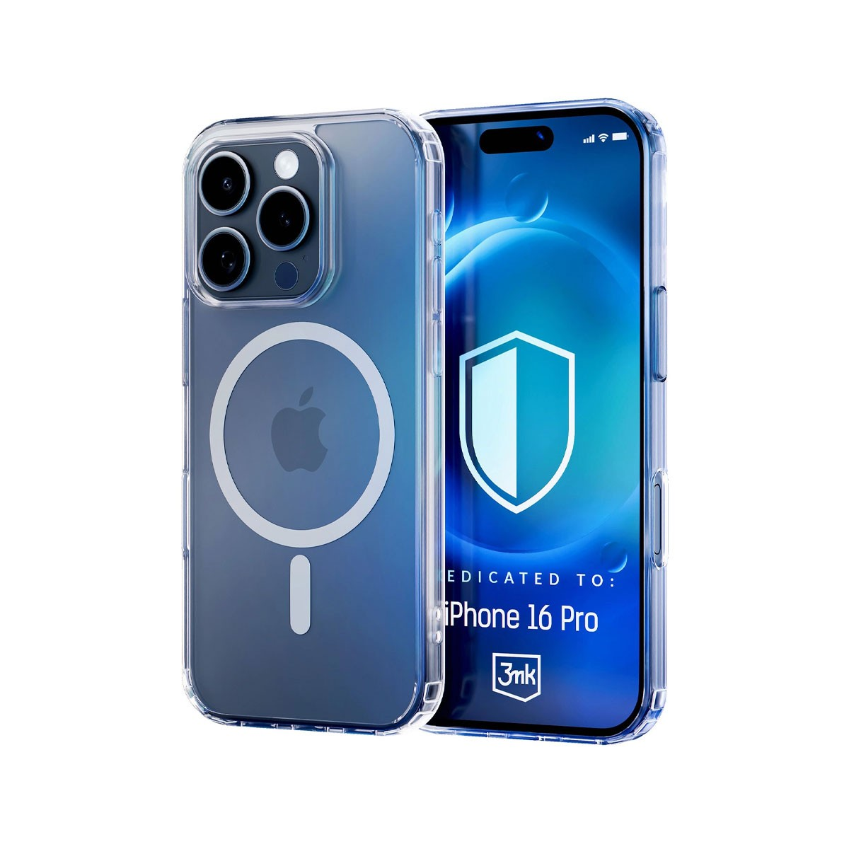 iPhone 16 Pro con custodia trasparente. Sfondo blu. Il marchio 3mk è visibile.