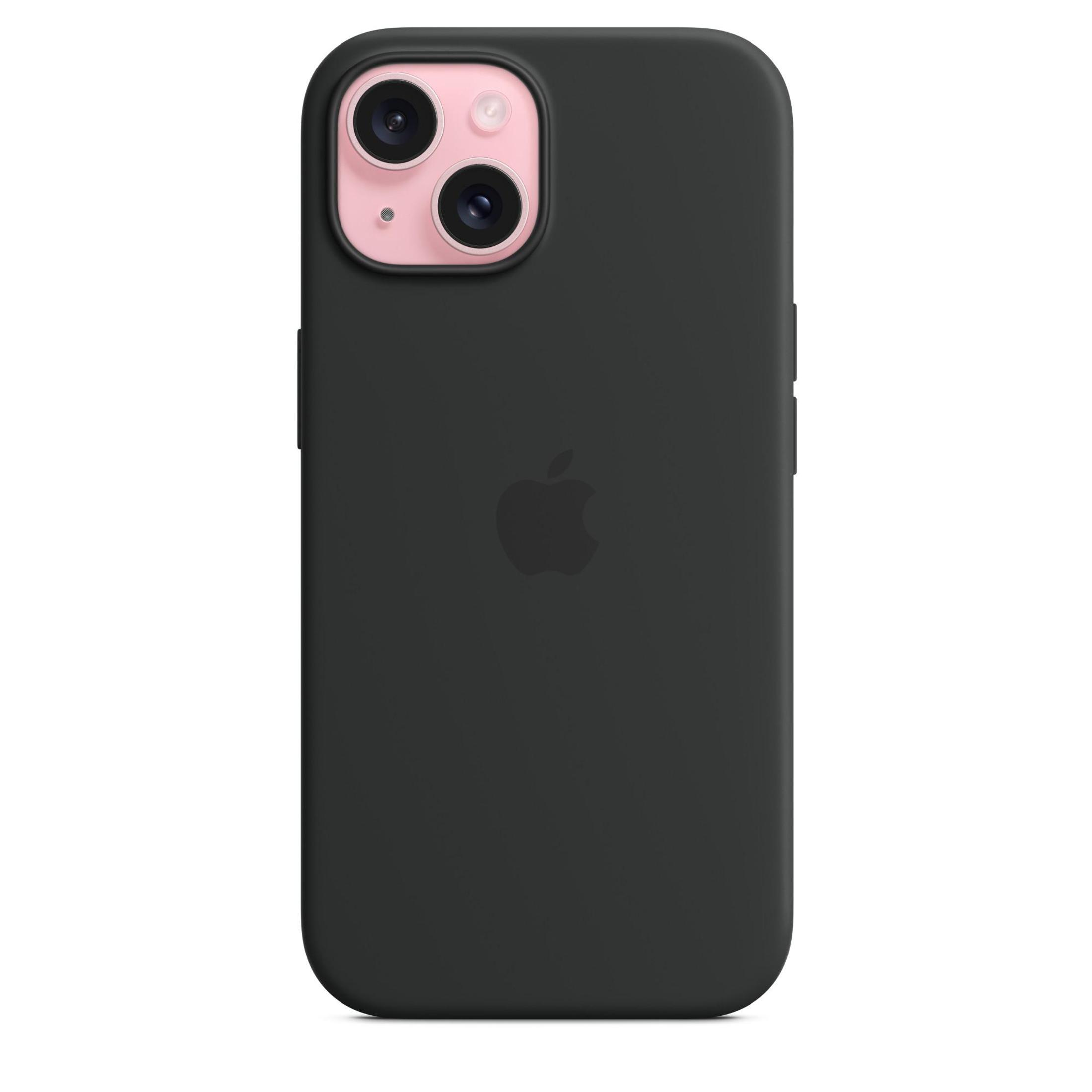 Schwarze Handyhülle mit Apple-Logo. Rosa Kamerabereich oben. Schlankes Design.
