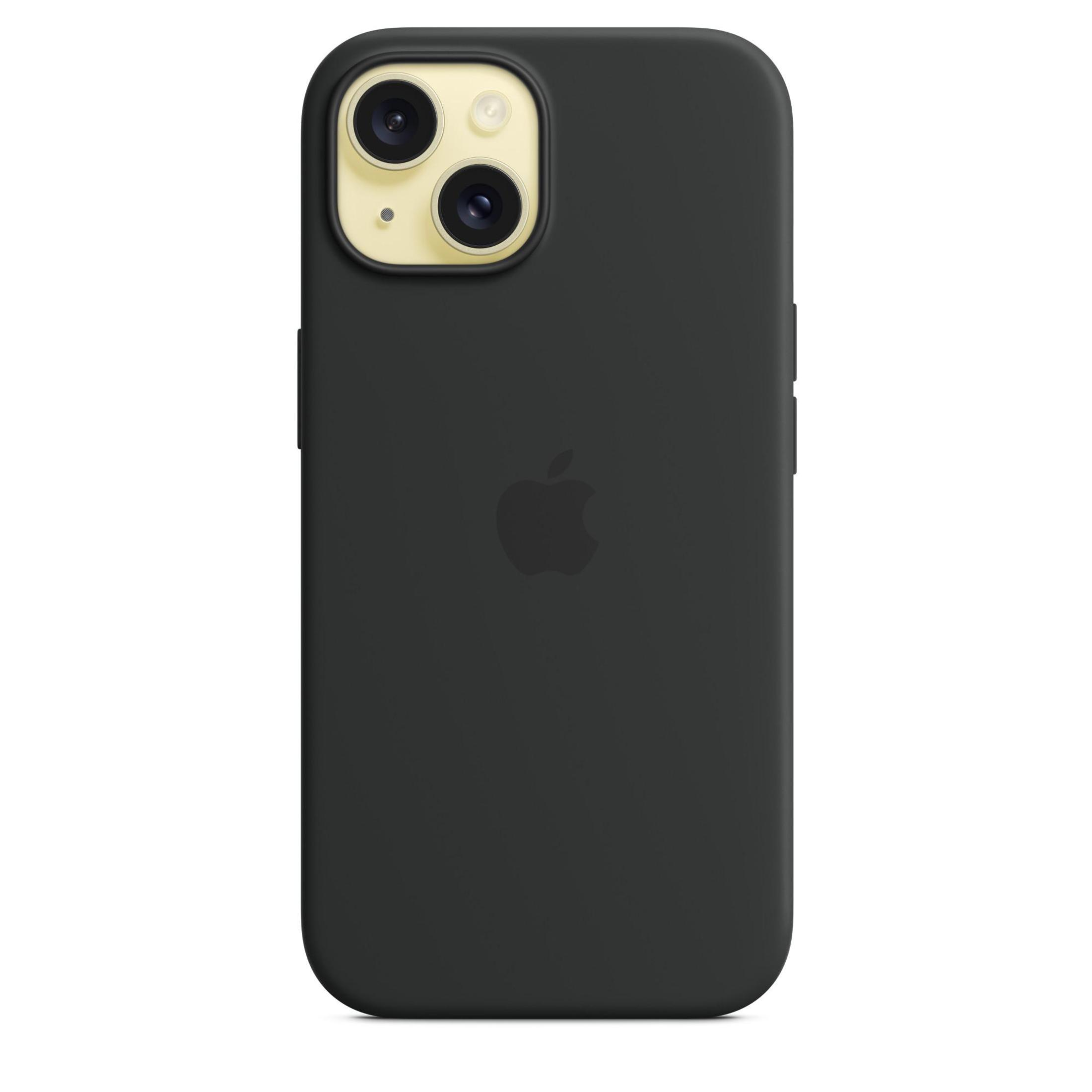 Schwarze iPhone-Hülle mit Kameralinsen und einem Apple-Logo auf der Rückseite.