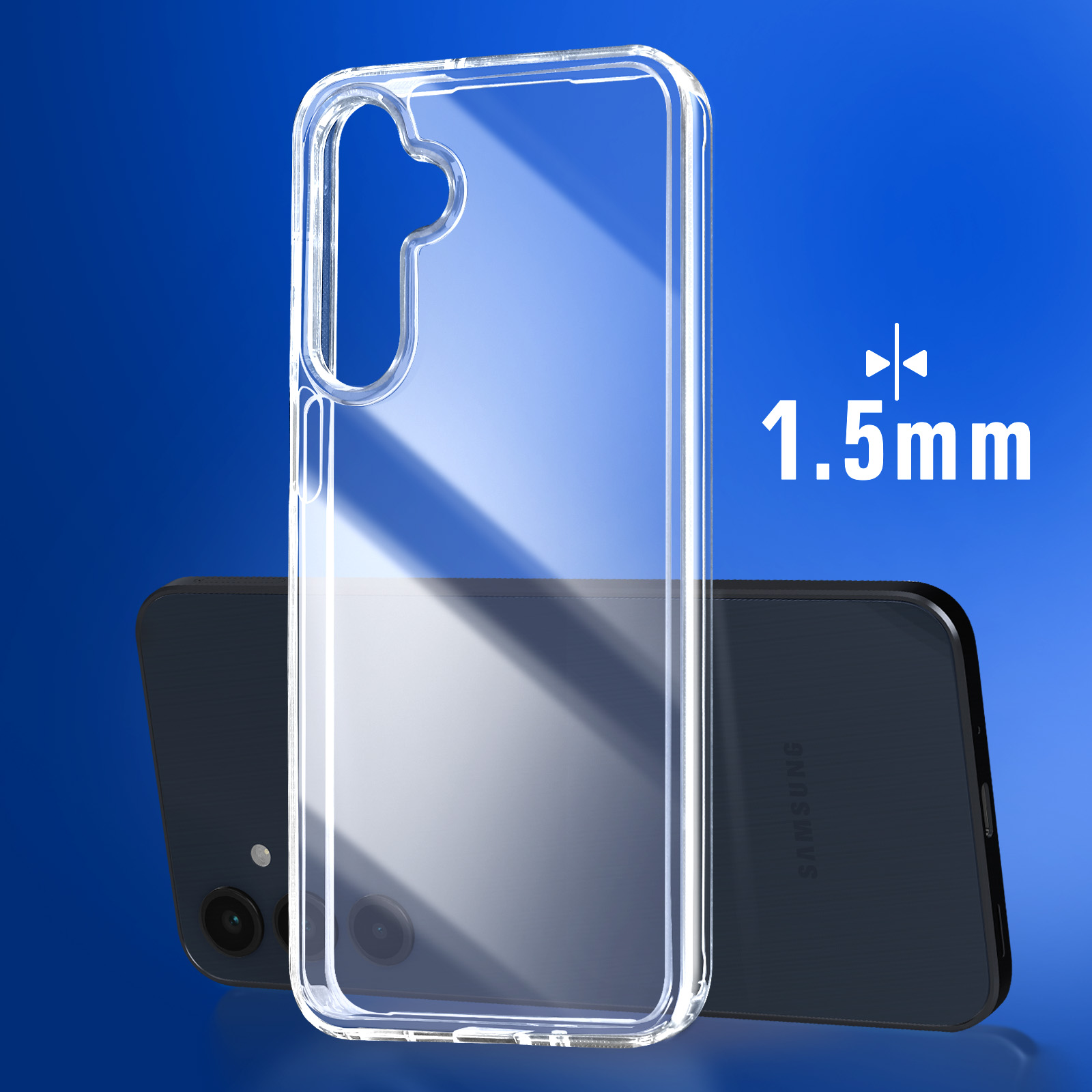 Custodia trasparente per telefono su telefono nero su sfondo blu, con testo 1,5mm.