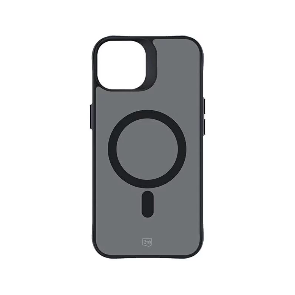 Custodia grigia per iPhone con cerchio MagSafe nero e sporgenza fotocamera, su sfondo bianco.