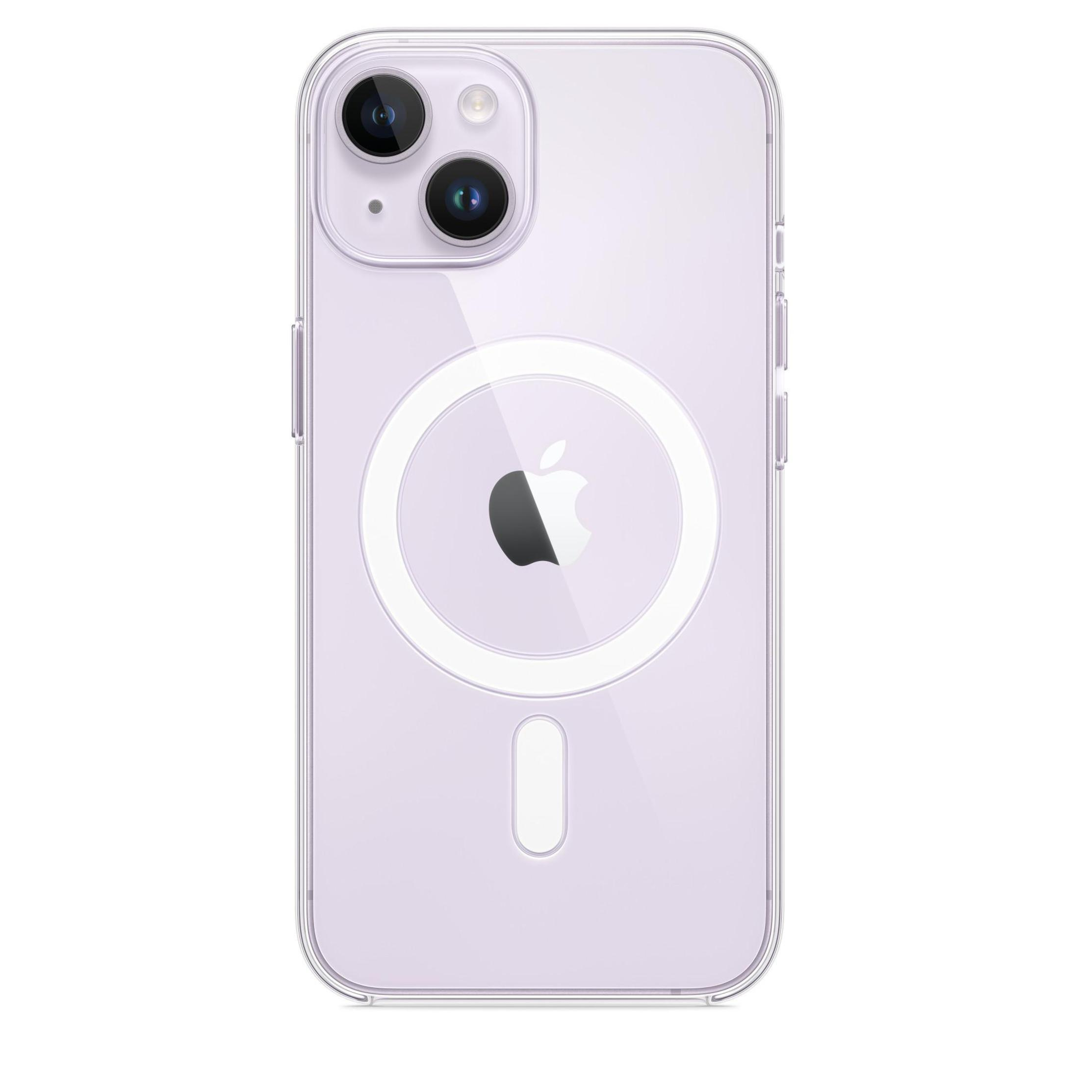 Retro iPhone con custodia trasparente. La custodia ha un cerchio magnetico e un ritaglio per la fotocamera.