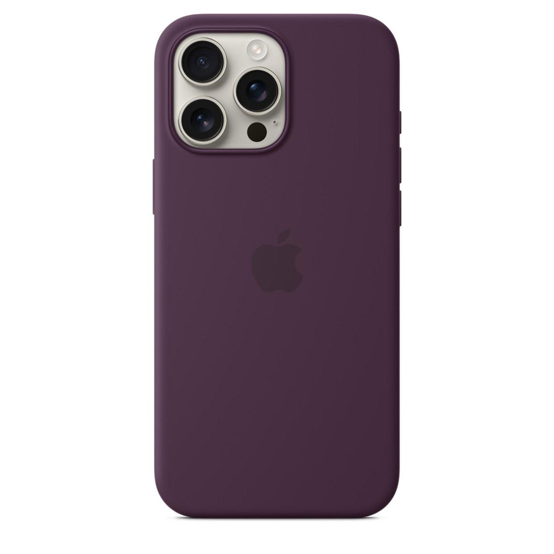 Fioletowe etui na iPhone'a z potrójnym aparatem i logo Apple.