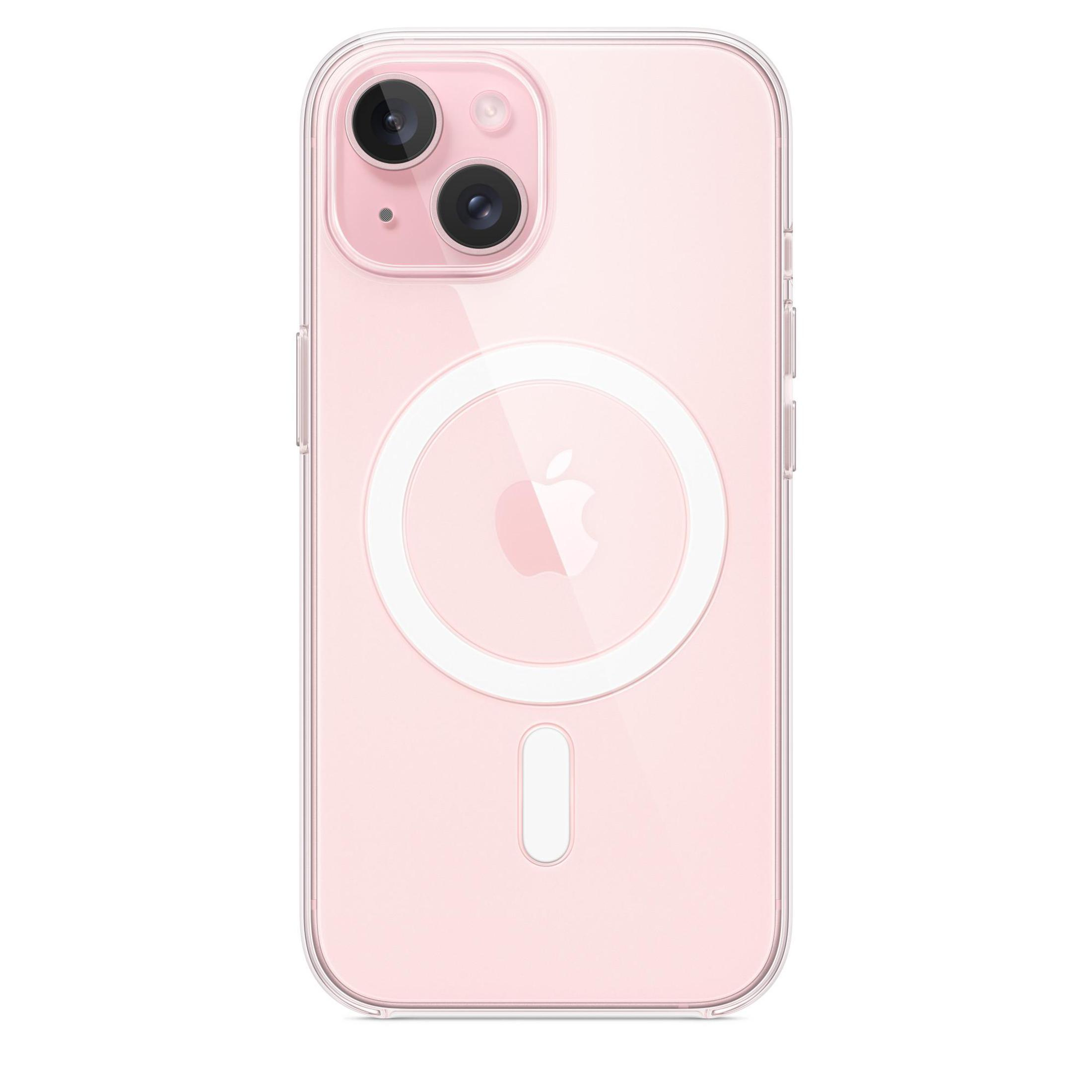 Una custodia rosa per iPhone con un cerchio MagSafe bianco e un telefono rosa all'interno.