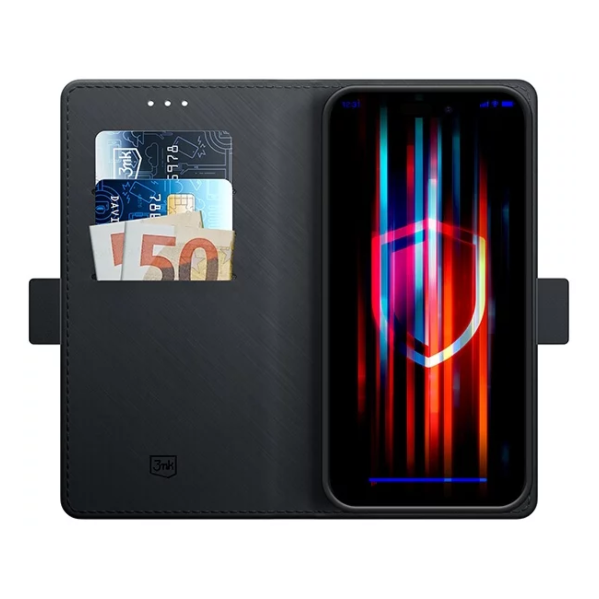 Czarne etui na telefon z widocznymi kartami kredytowymi i gotówką. Ekran wyświetla grafikę tarczy.