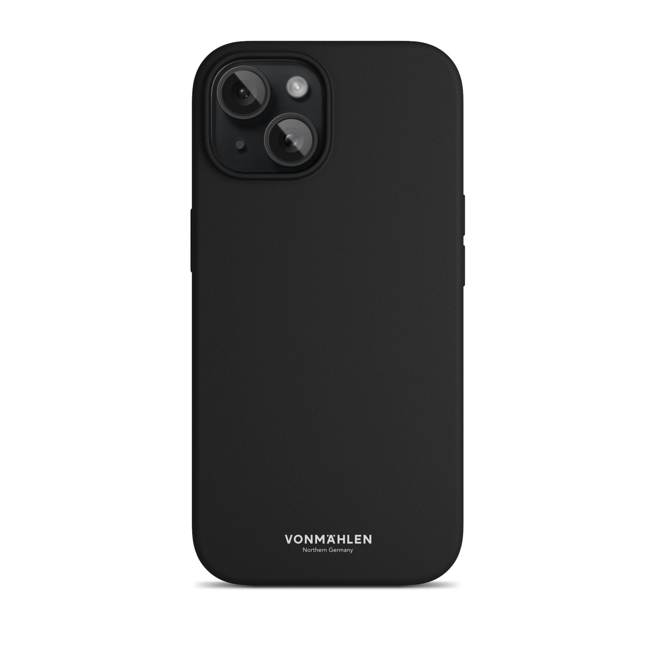 Custodia per telefono nera, ritagli per fotocamera, con il marchio Vonmählen in basso.