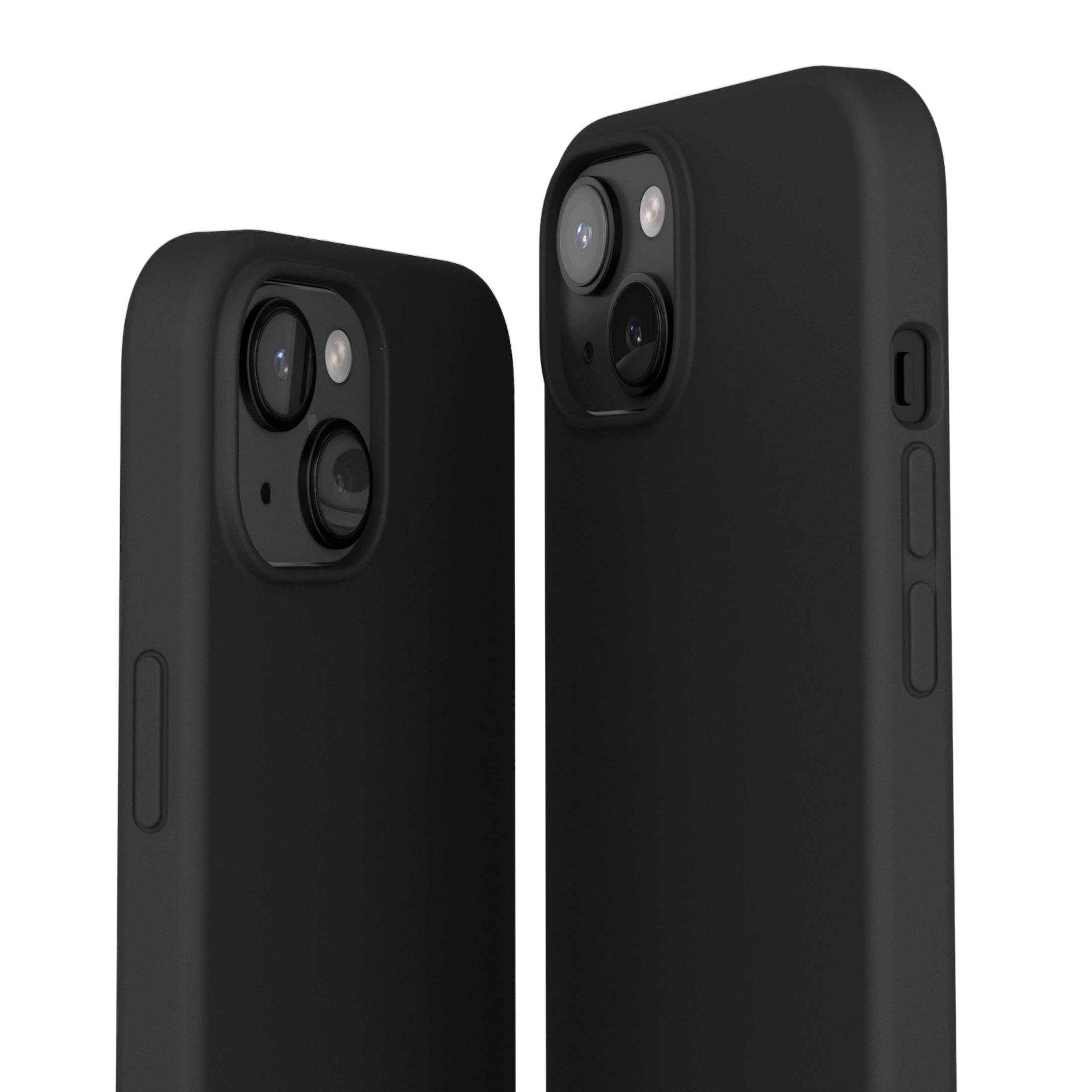 Due custodie nere per iPhone. Entrambe hanno ritagli per fotocamera e coperture per i pulsanti. La custodia destra mostra i pulsanti laterali.