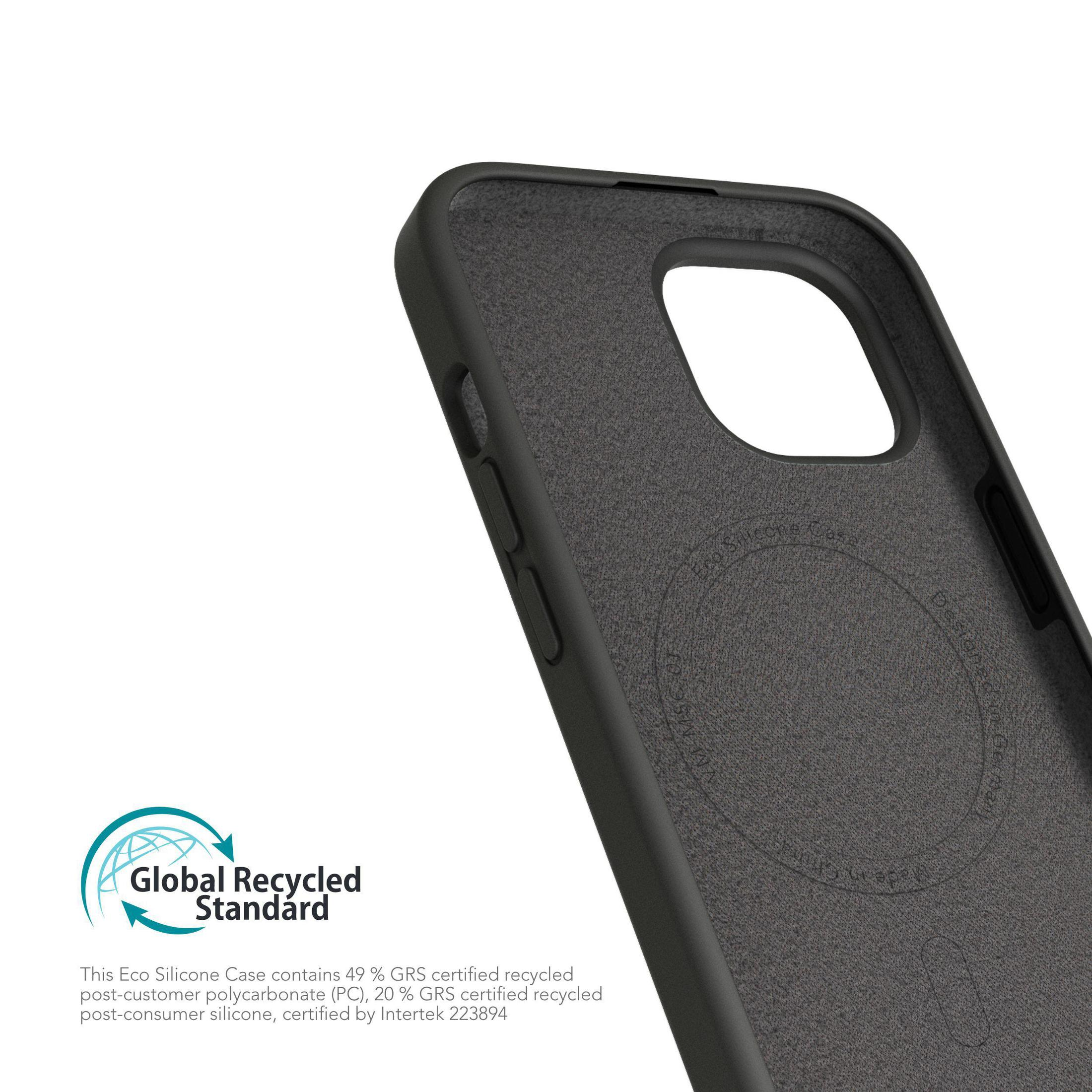 Custodia nera per iPhone, primo piano dell'interno. Mostra un design circolare e un'etichetta con testo.