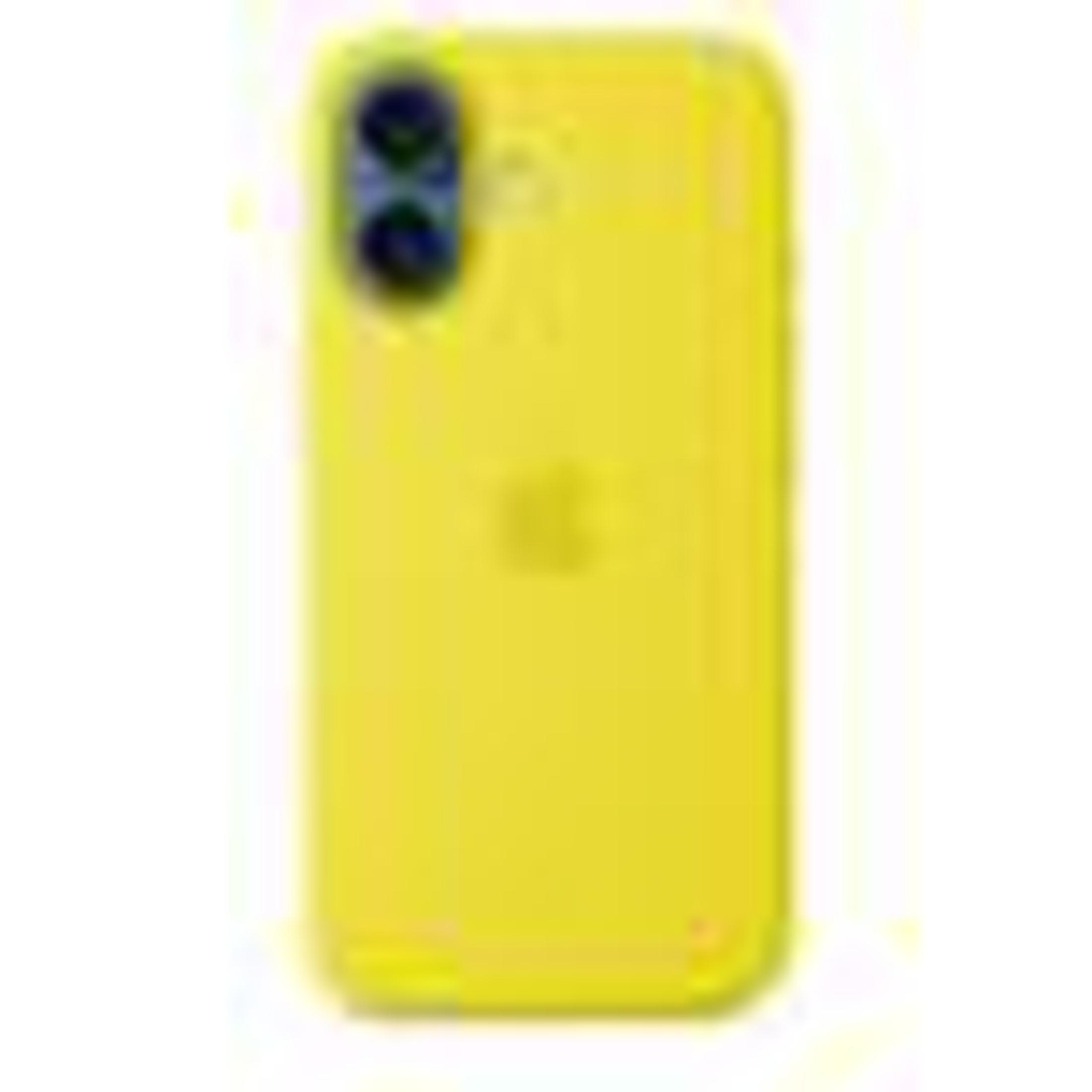 Coque de téléphone jaune avec découpe caméra et logo Apple.