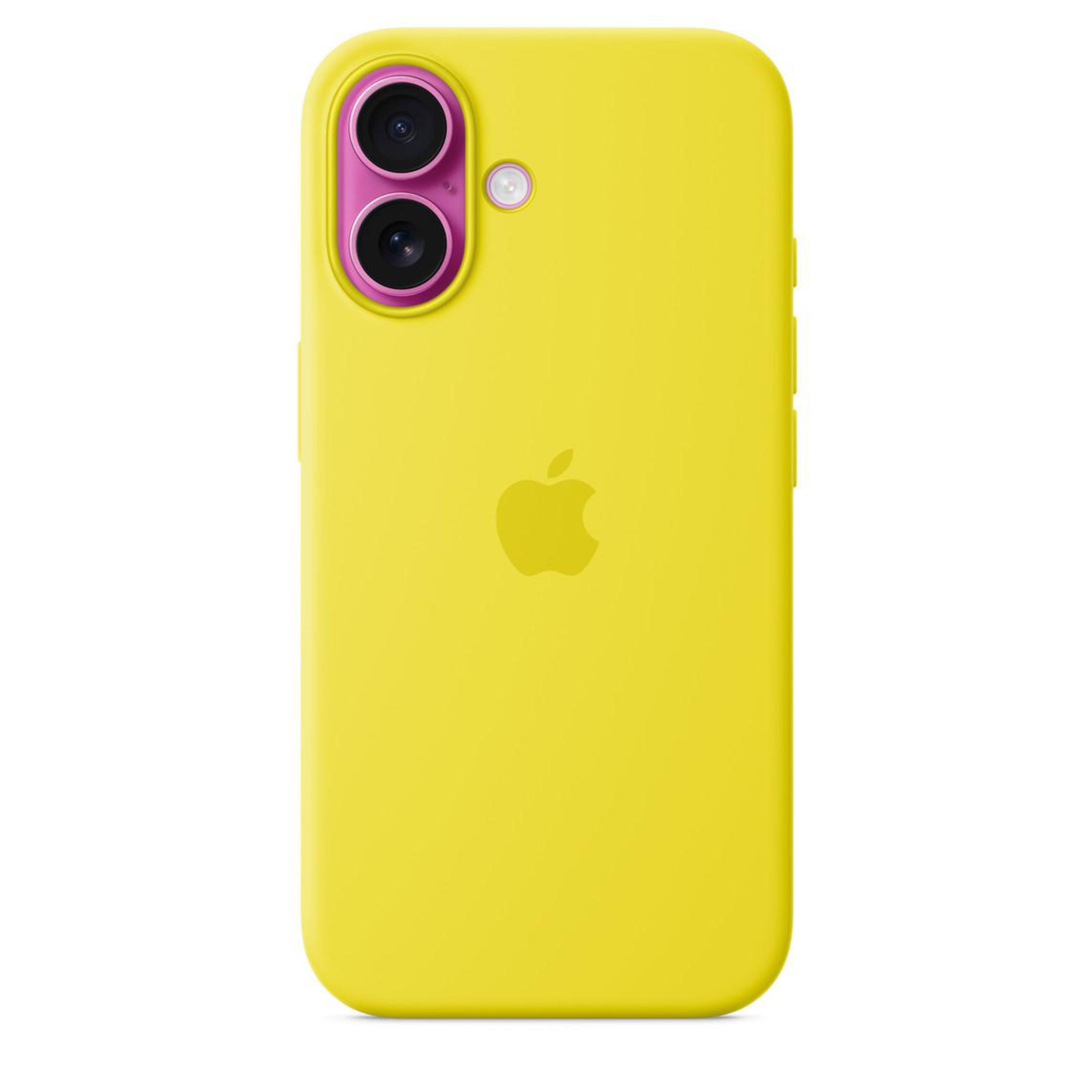 Coque d'iPhone jaune avec bosse de caméra rose. Le logo Apple est visible.