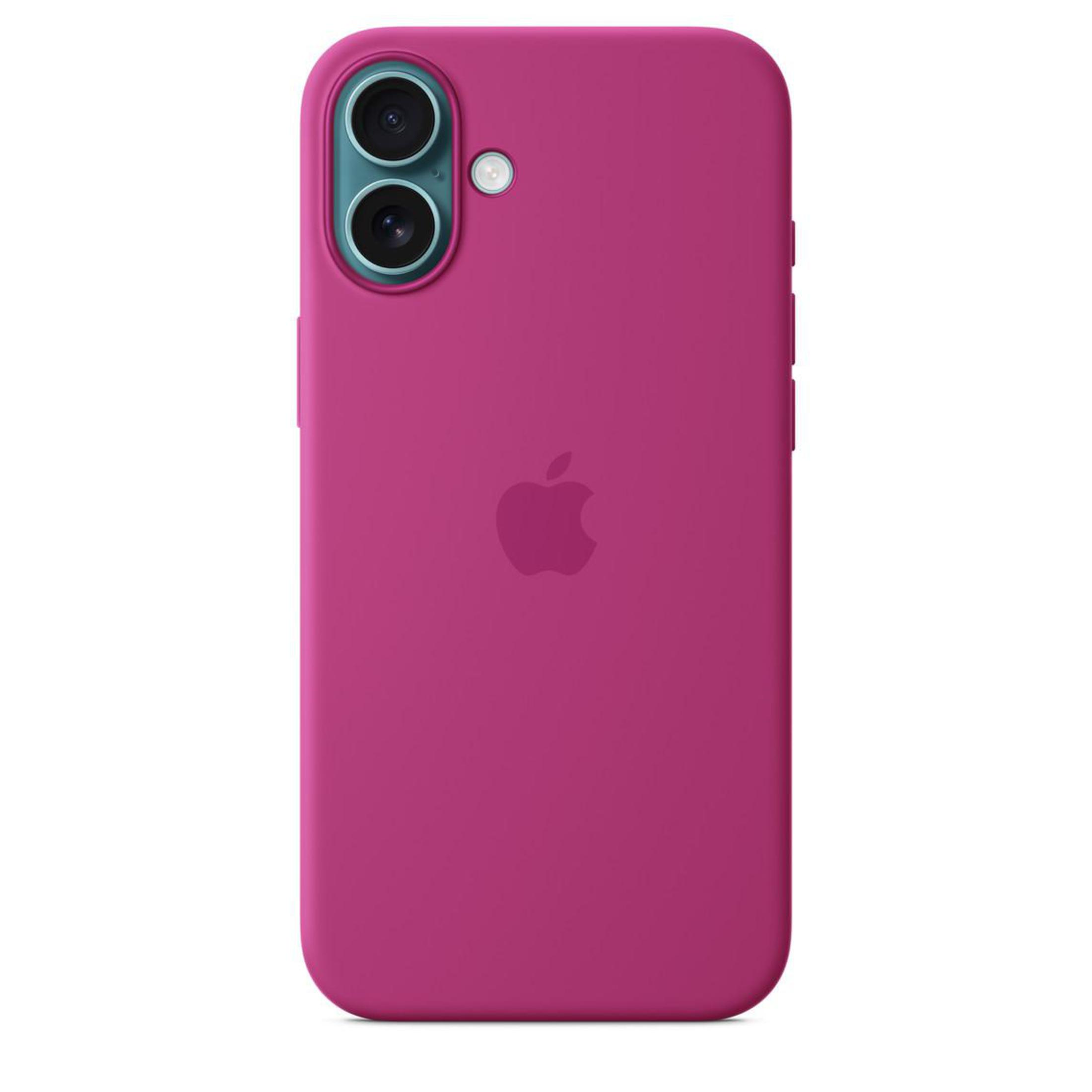 Różowe etui na iPhone z dwoma obiektywami aparatu, lampą błyskową i logo Apple. Etui jest gładkie i solidne.