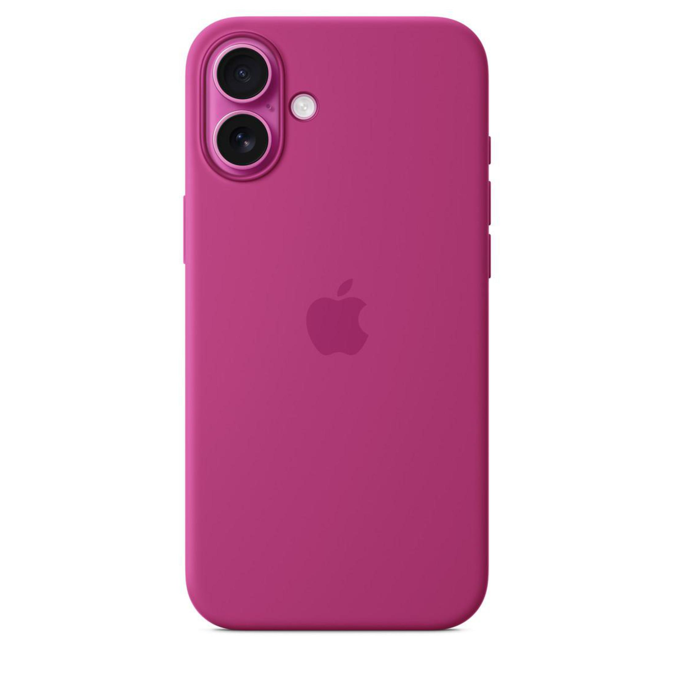 Fuksjowy futerał na iPhone'a. Etui ma wycięcie na aparat i logo Apple.