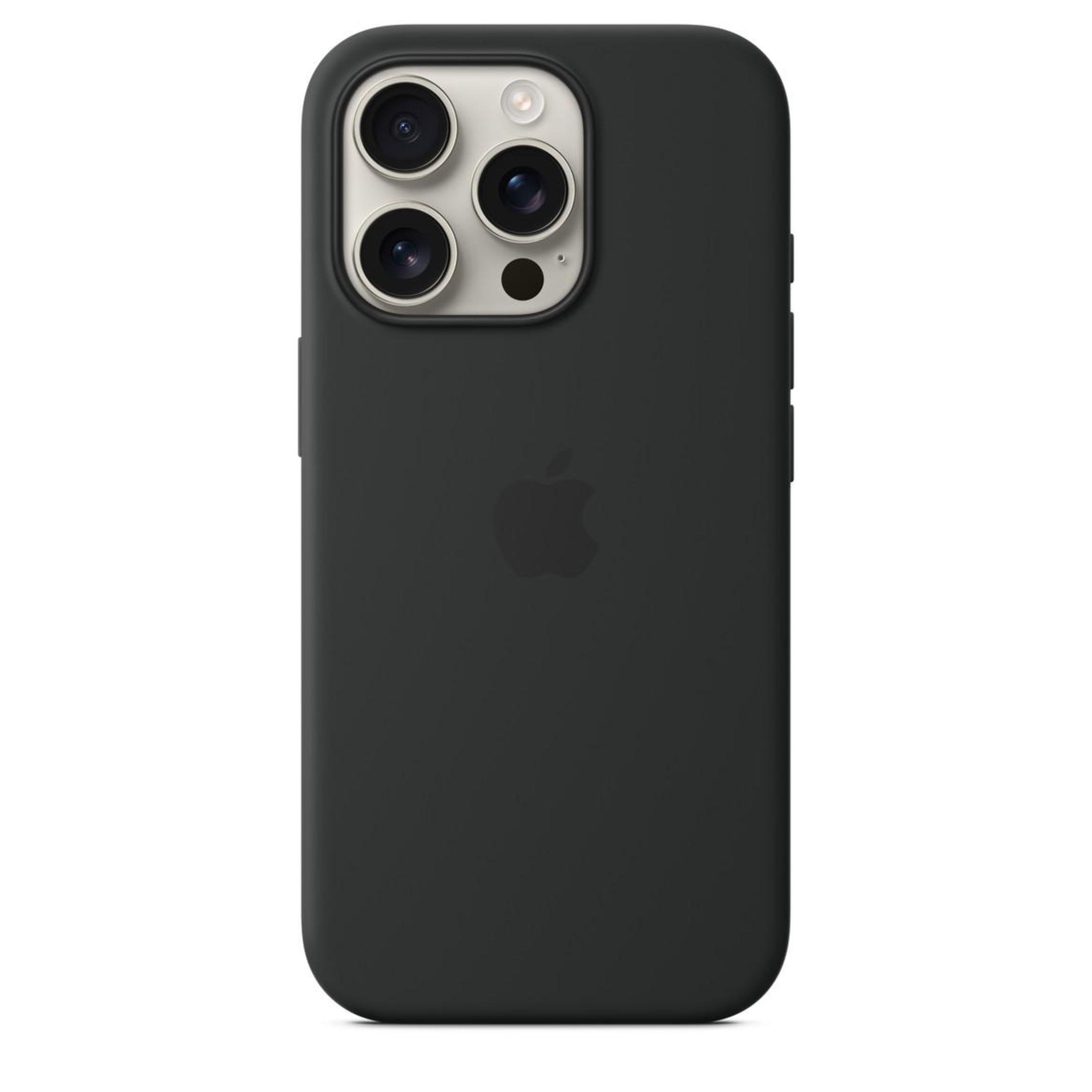 Custodia nera per iPhone con un ritaglio per tripla fotocamera e logo Apple. La custodia copre i lati e il retro del telefono.