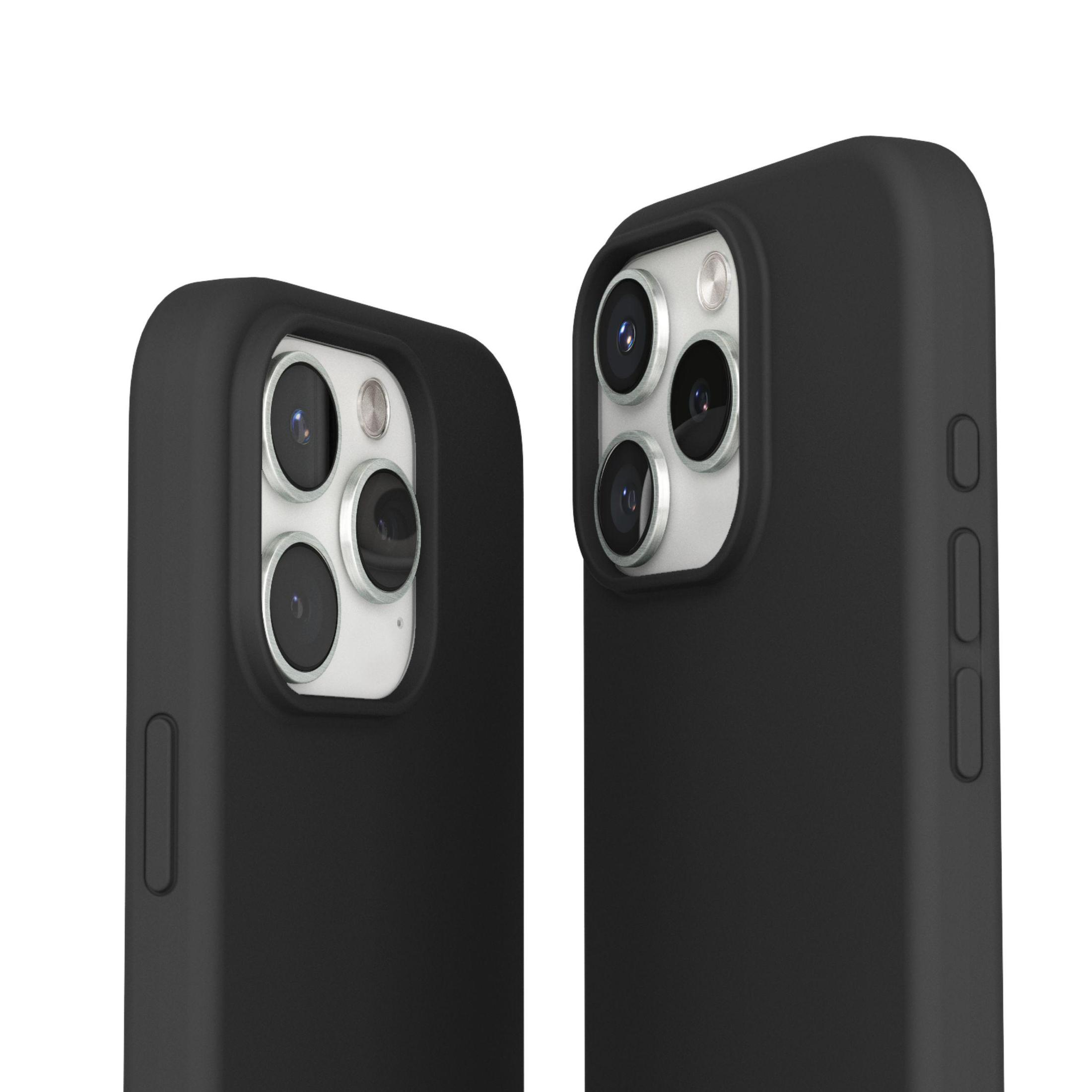 Zwei schwarze Telefonhüllen mit mehreren Kameralinsen, Nahaufnahme, weißer Hintergrund.