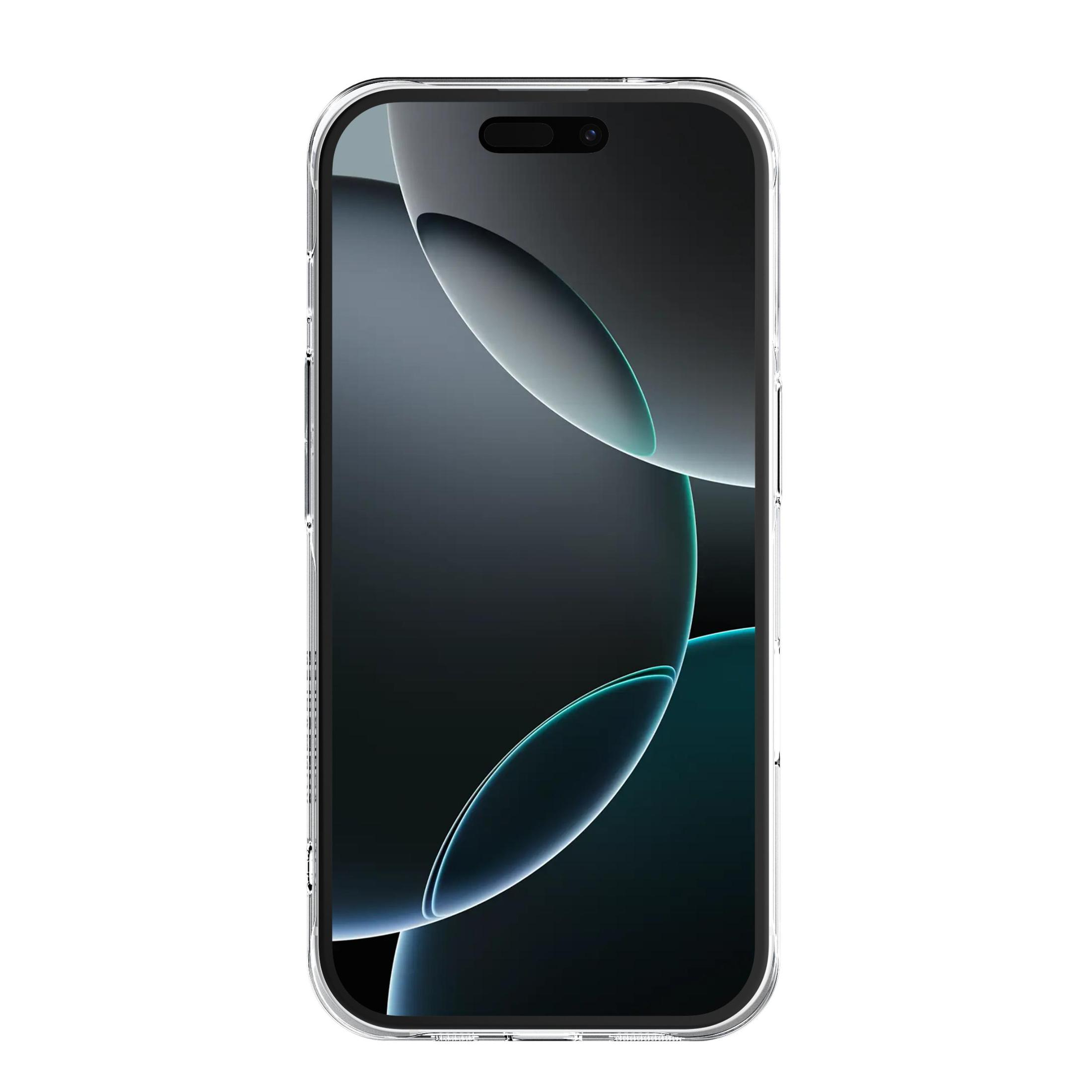 Un téléphone avec une coque transparente. L'écran présente des zones claires et sombres, avec la caméra en haut.