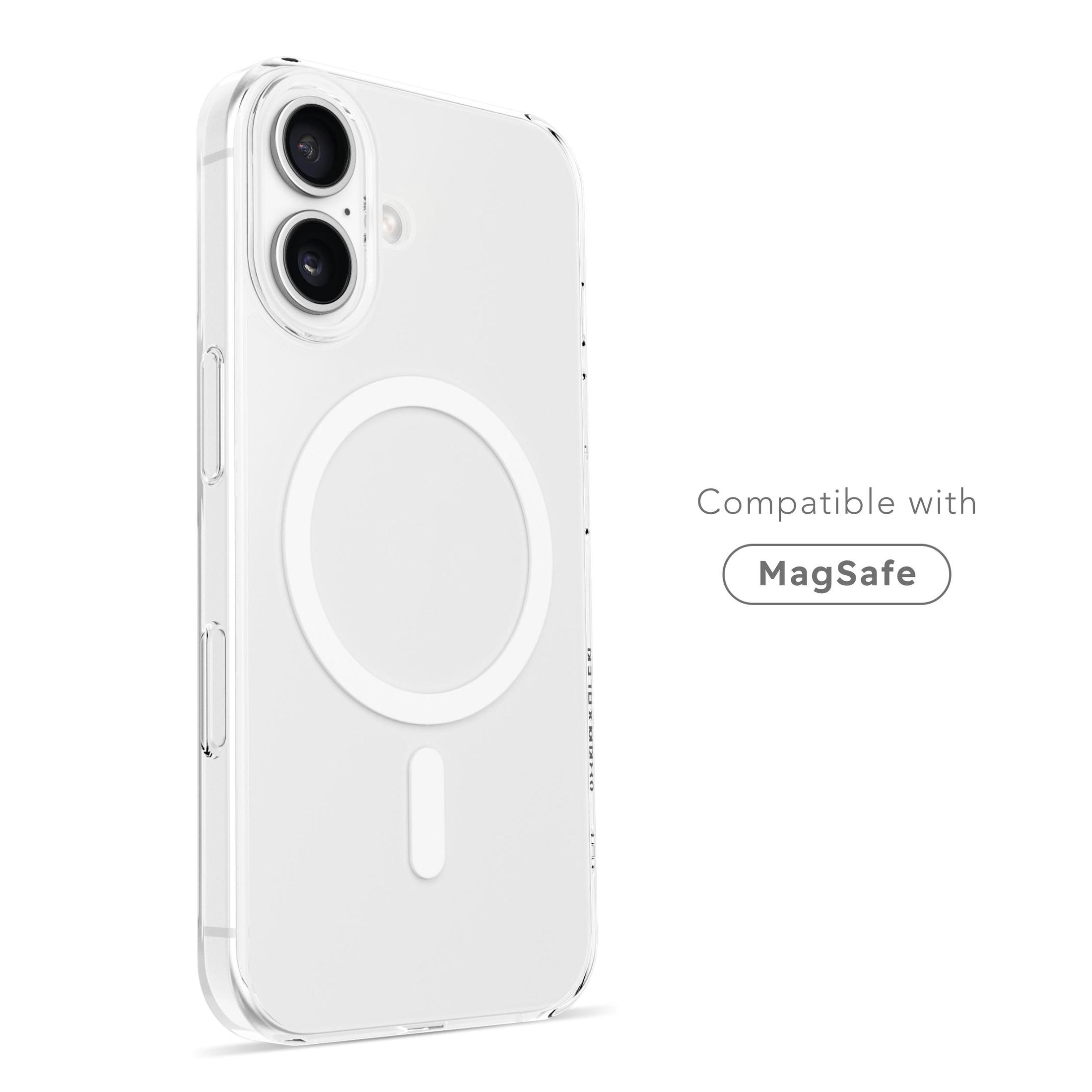 Coque de téléphone transparente avec compatibilité MagSafe. Caméra et anneau MagSafe visibles. Fond blanc.