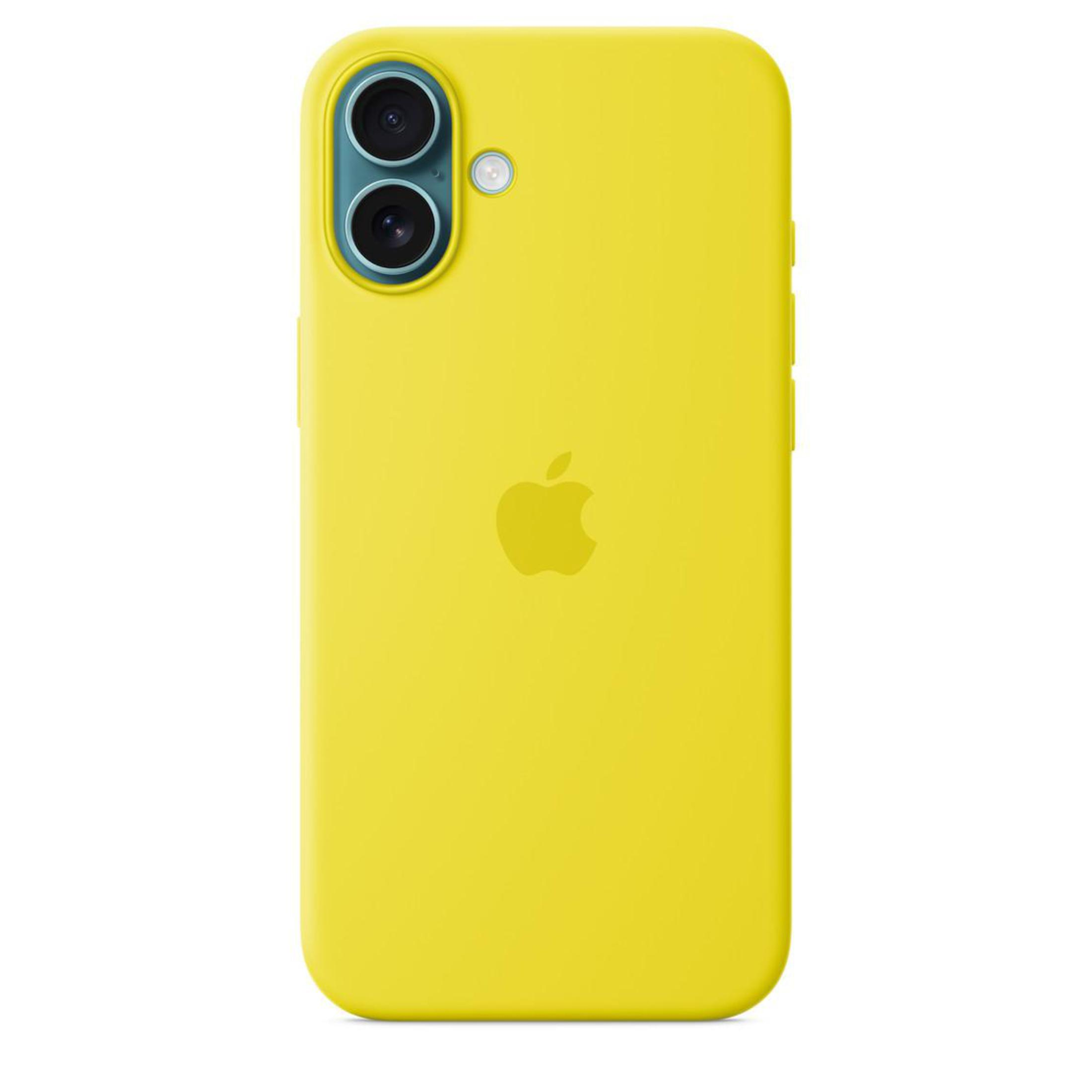 Coque de téléphone jaune avec logo Apple et lentilles de caméra.