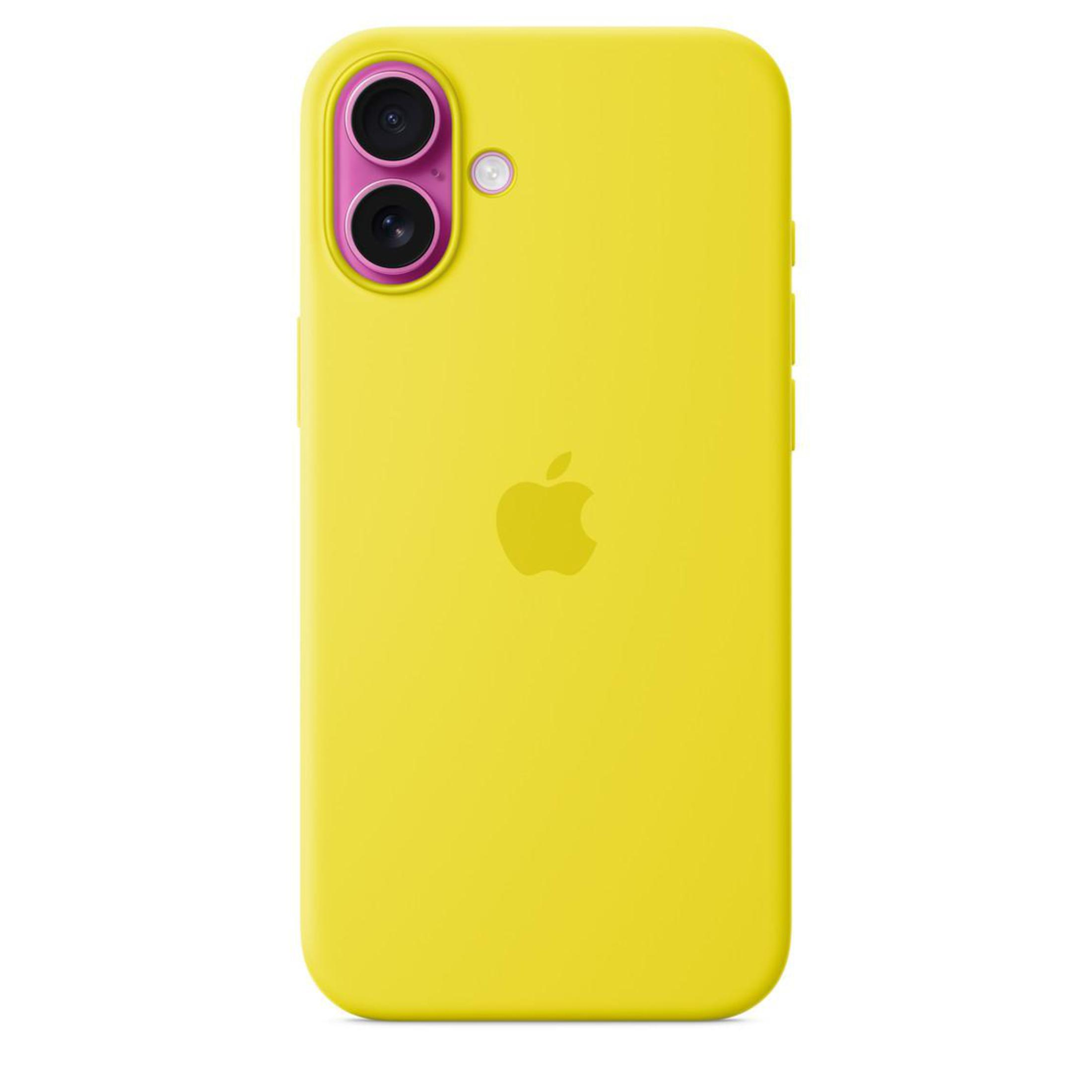 Une coque de téléphone jaune avec une zone de caméra rose. Un logo Apple est au dos. Fond blanc.