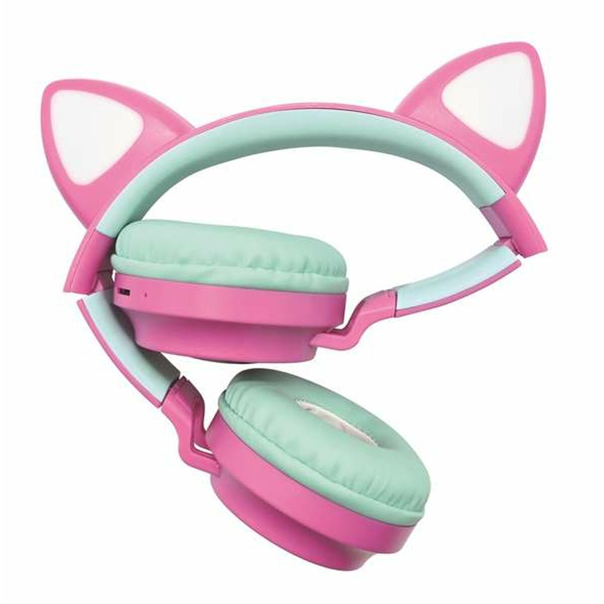 Cuffie rosa con orecchie da gatto con fascia e padiglioni turchesi, inclinate.