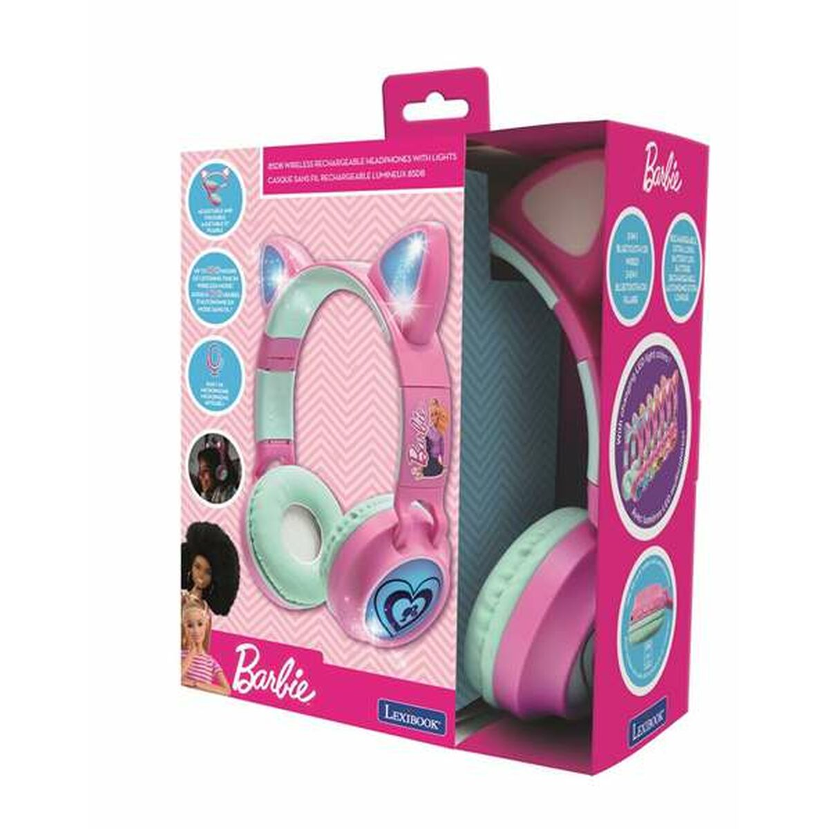 Una scatola di cuffie a tema Barbie con cuffie rosa e blu all'interno, su sfondo bianco.
