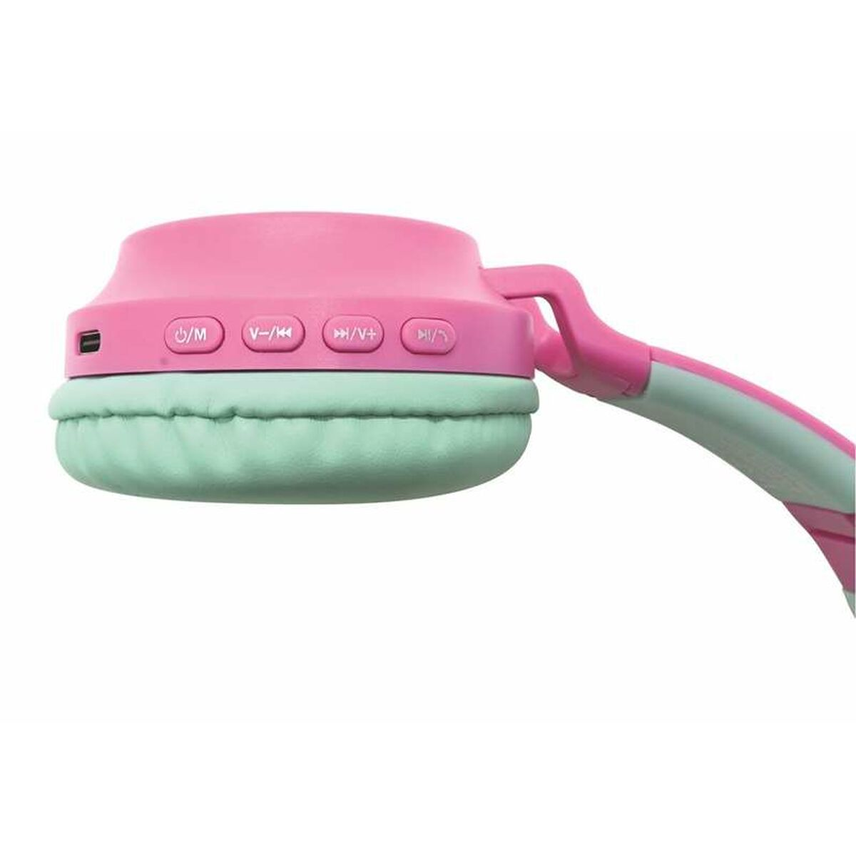 Cuffie rosa e menta. Il padiglione destro ha dei pulsanti. Lo sfondo è bianco.
