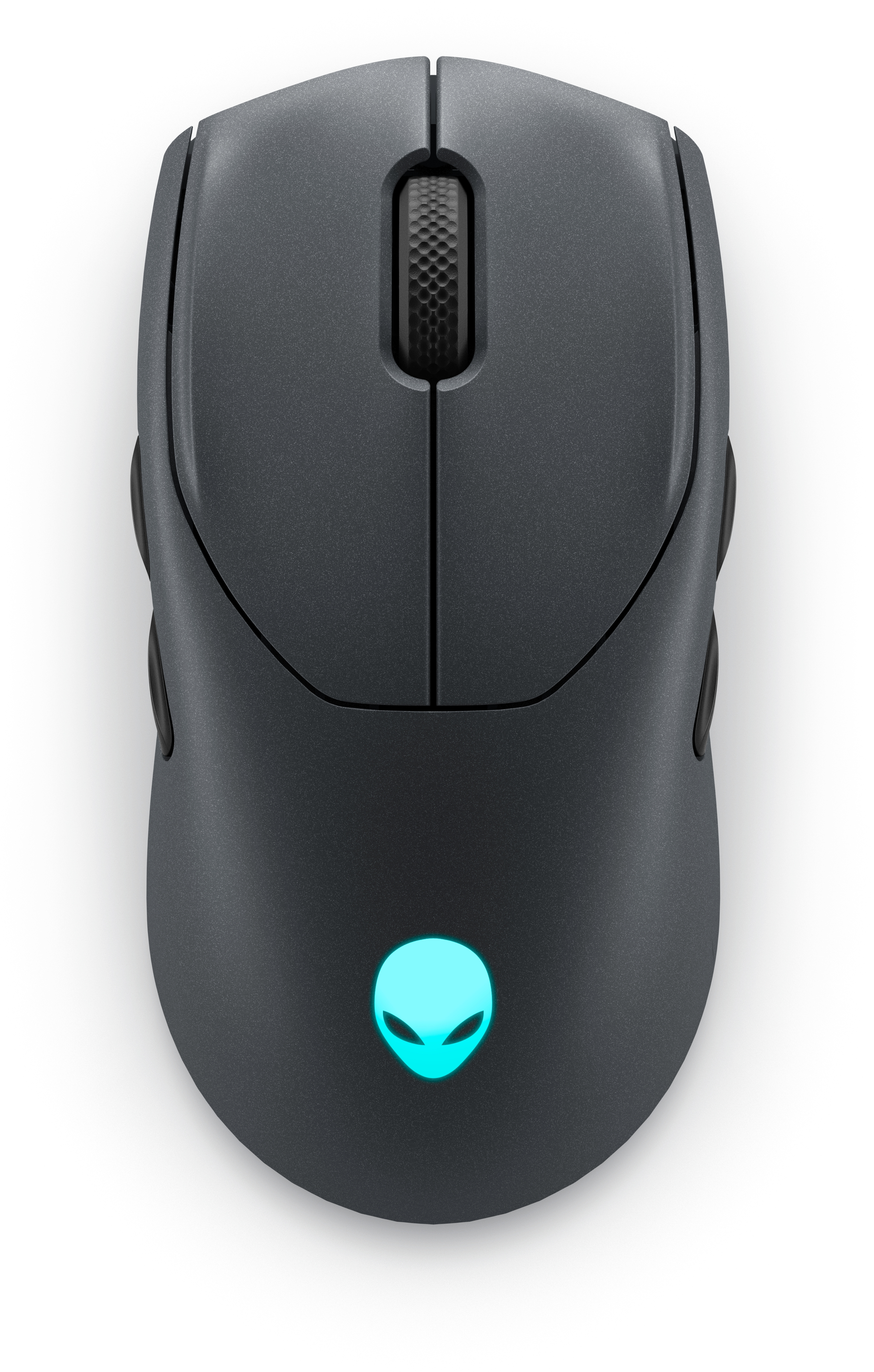 Mouse da gaming Alienware nero. Logo Alienware blu. Rotella di scorrimento e pulsanti laterali presenti.