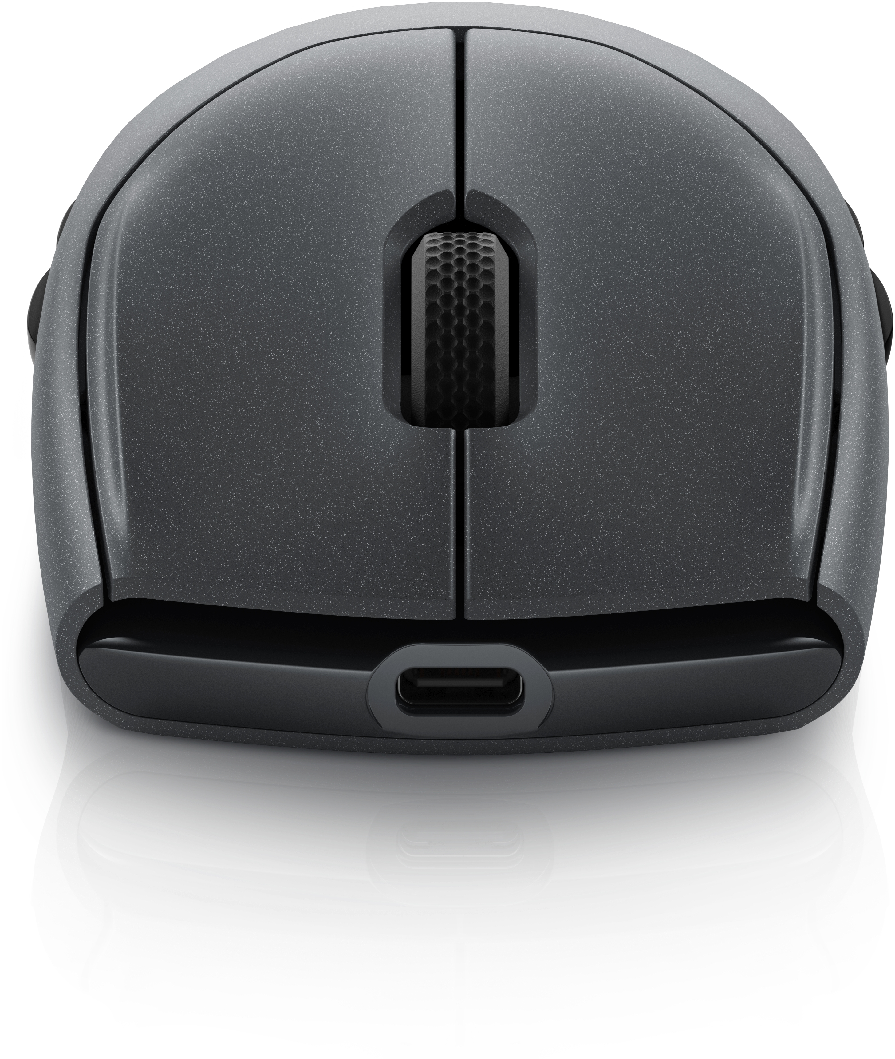 Una vista dall'alto di un mouse per computer nero con rotella di scorrimento e porta USB-C.