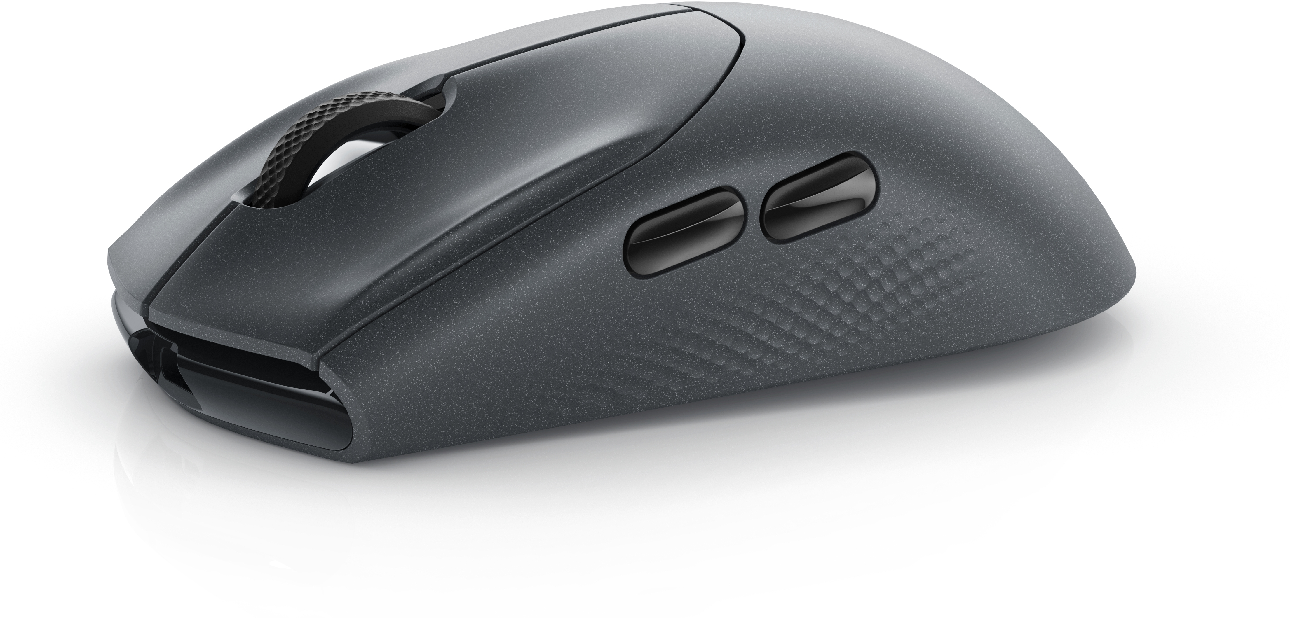 Mouse wireless grigio scuro con pulsanti laterali su una superficie bianca. Il mouse è inclinato.
