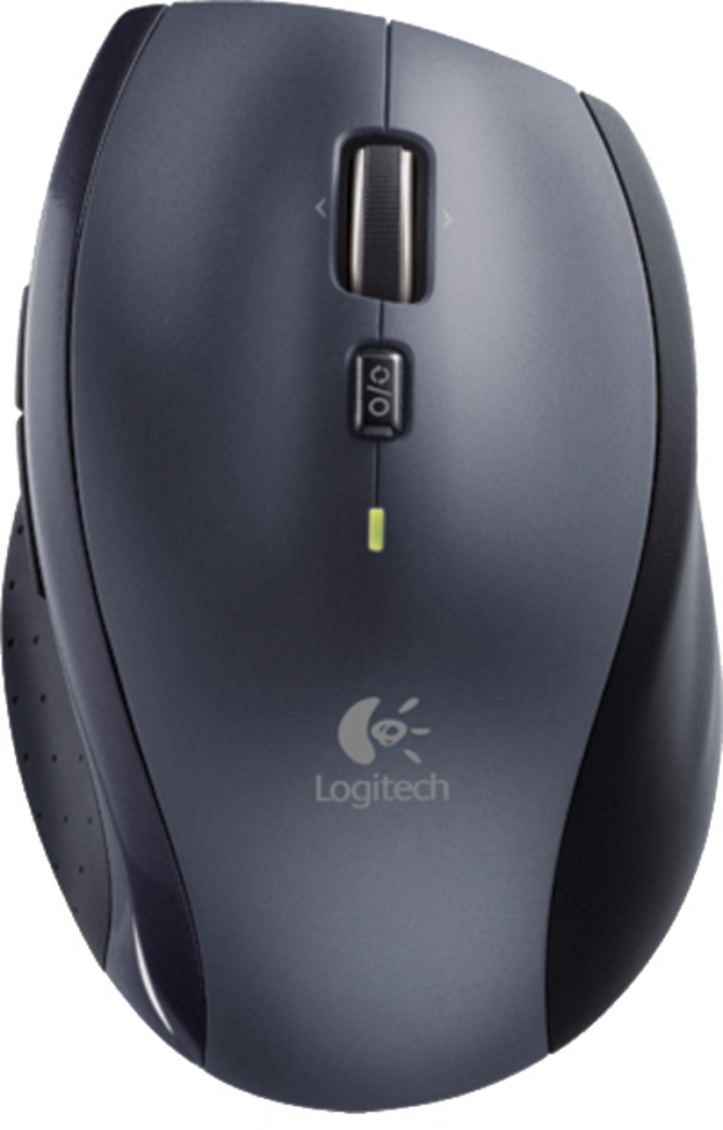 Eine dunkelgraue Logitech-Maus, Draufsicht. Sie hat mehrere Tasten und ein Scrollrad.