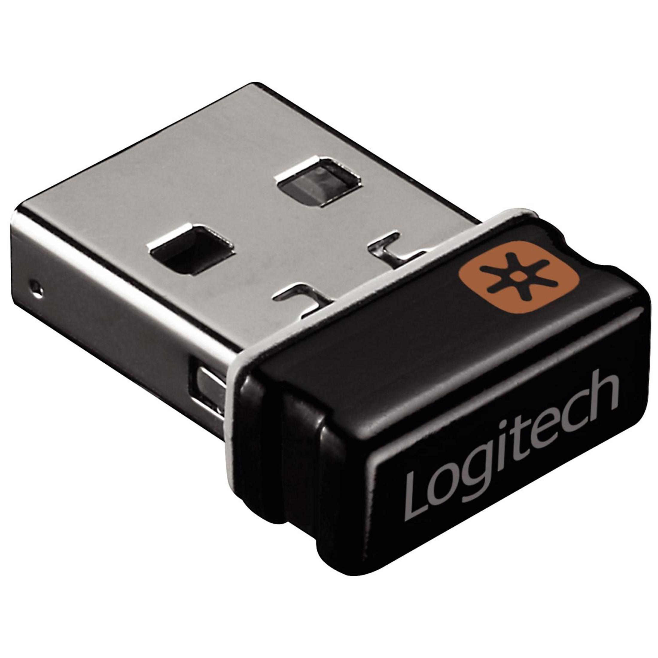 Schwarzer und silberner Logitech USB-Empfänger. Weißer Hintergrund.