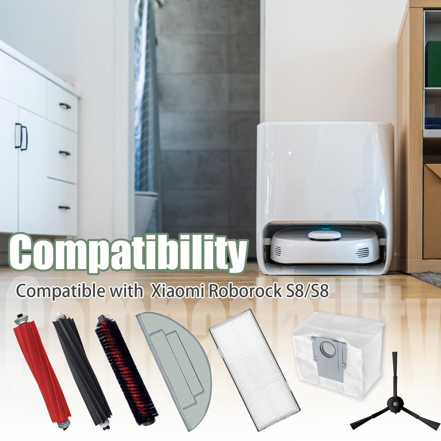 Robot sprzątający i jego akcesoria ze słowem Kompatybilność.