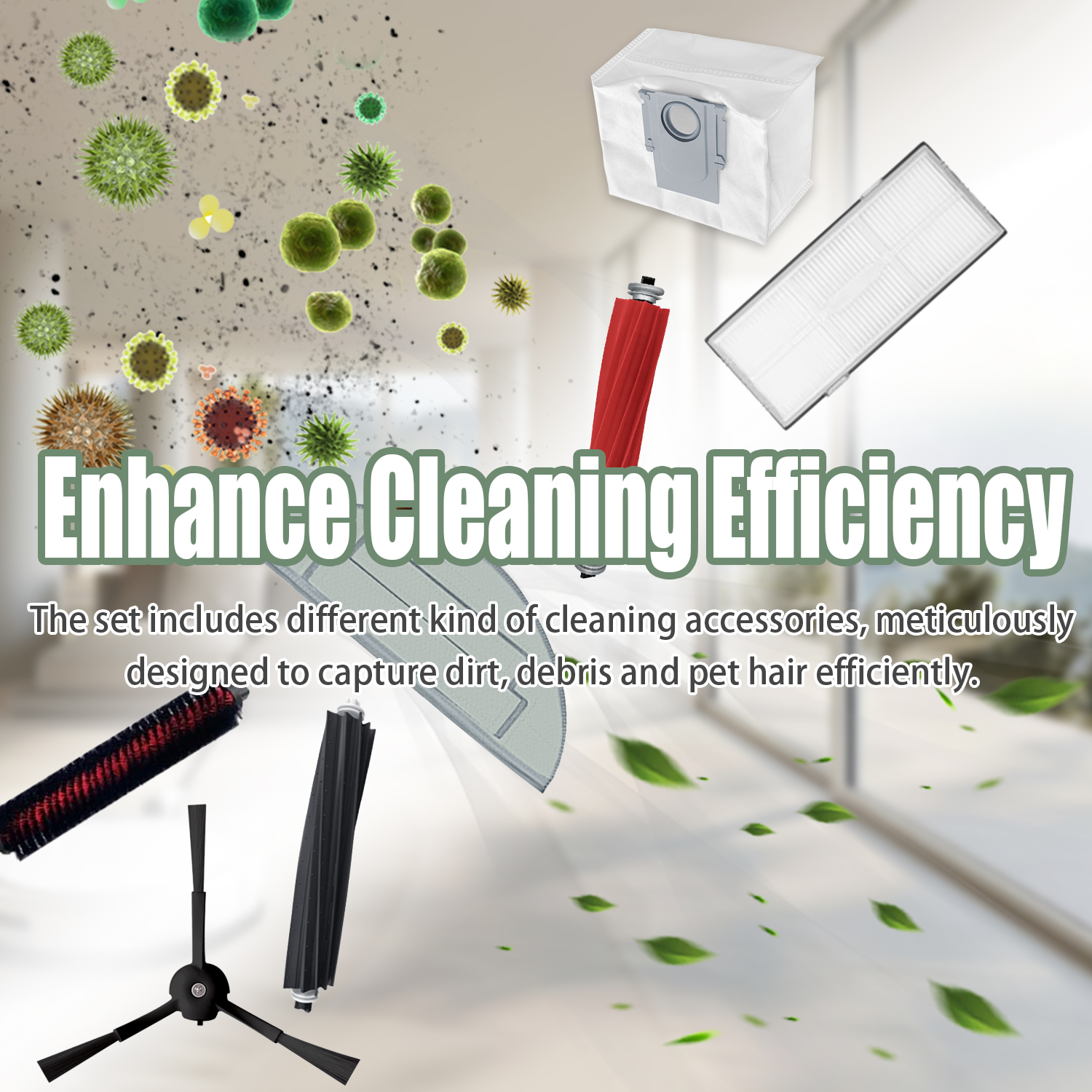 Akcesoria do czyszczenia na białym tle. Zawiera szczotki, filtry i worek.