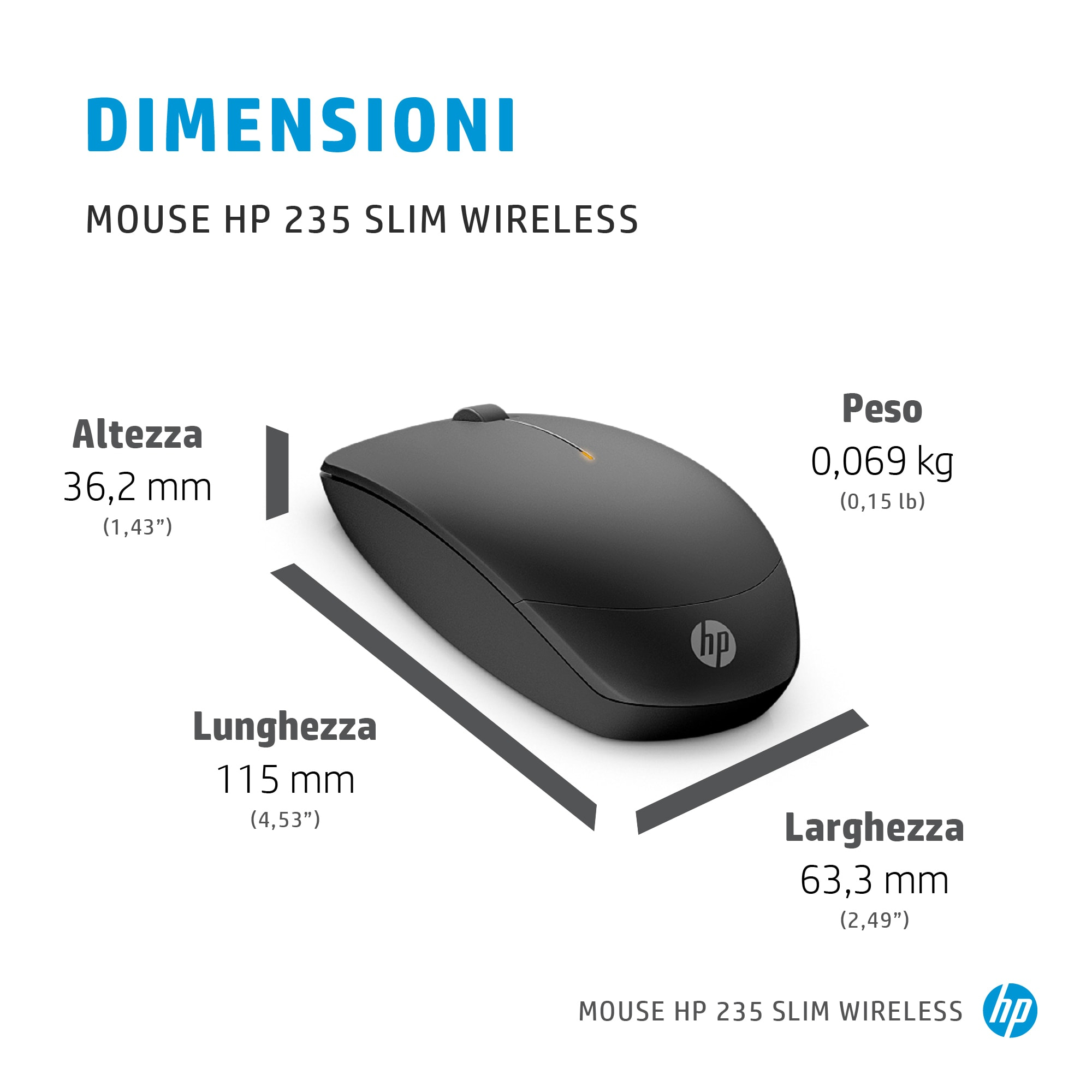 Wymiary myszy HP 235 Slim Wireless z pomiarami w mm i calach.