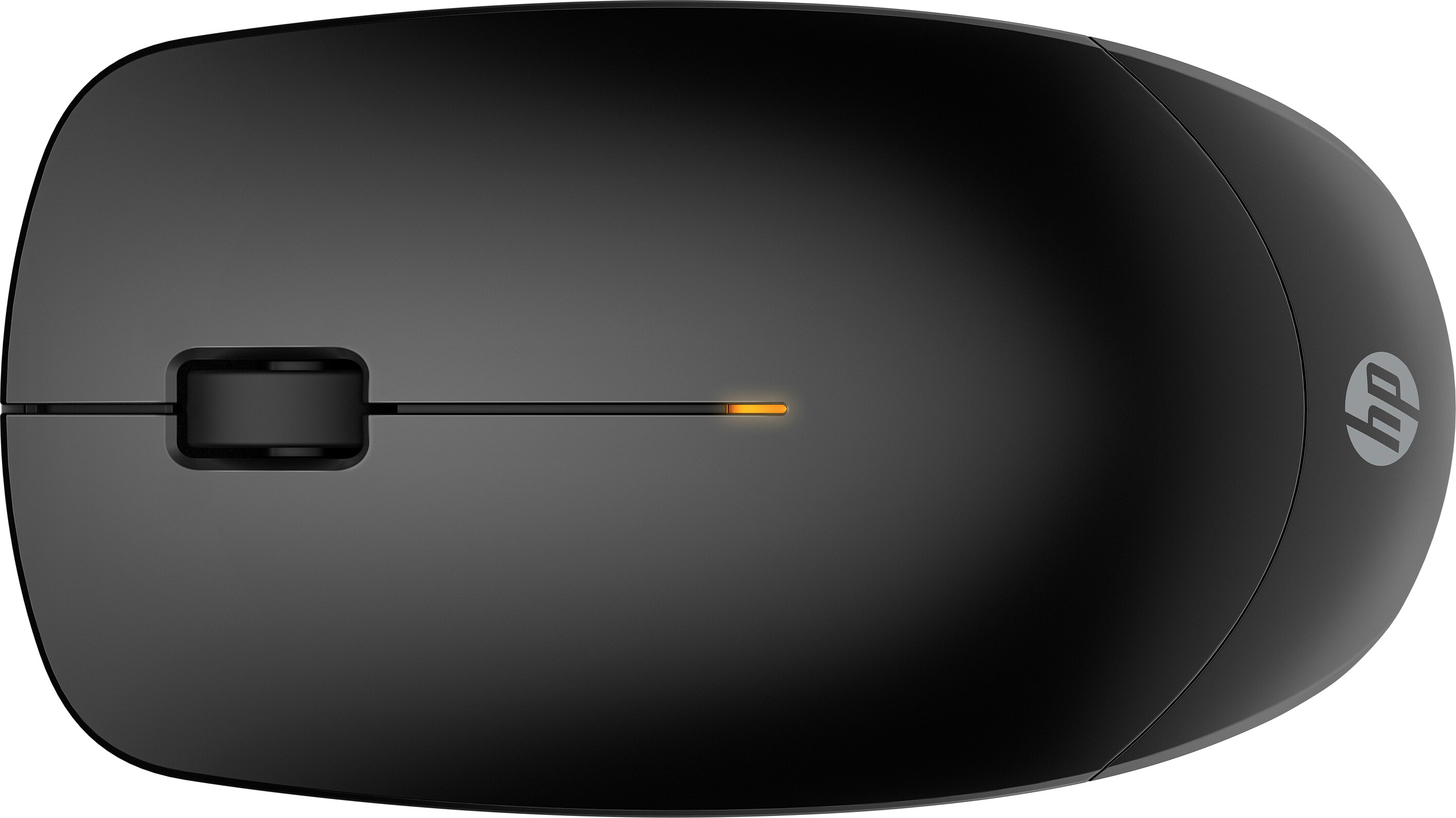 Czarna mysz HP, widok z góry. Ma kółko przewijania i pomarańczowy wskaźnik zasilania.