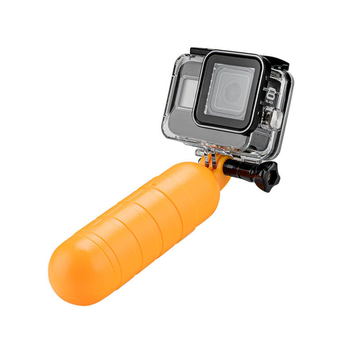 Kamera GoPro w przezroczystej, wodoodpornej obudowie przymocowanej do pomarańczowego pływającego uchwytu.