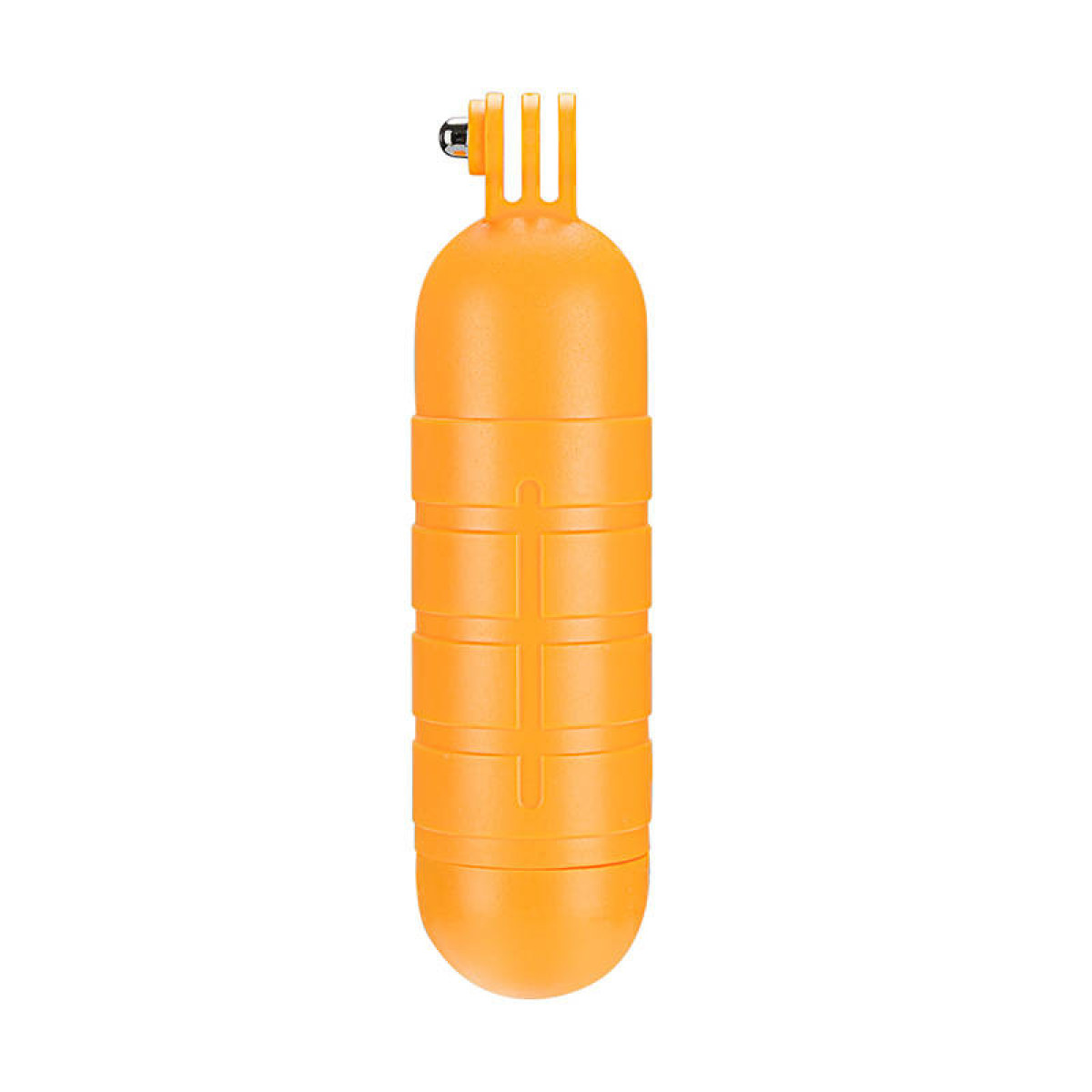 Pomarańczowy pływający uchwyt do kamery. Jest cylindryczny z punktem mocowania na górze.