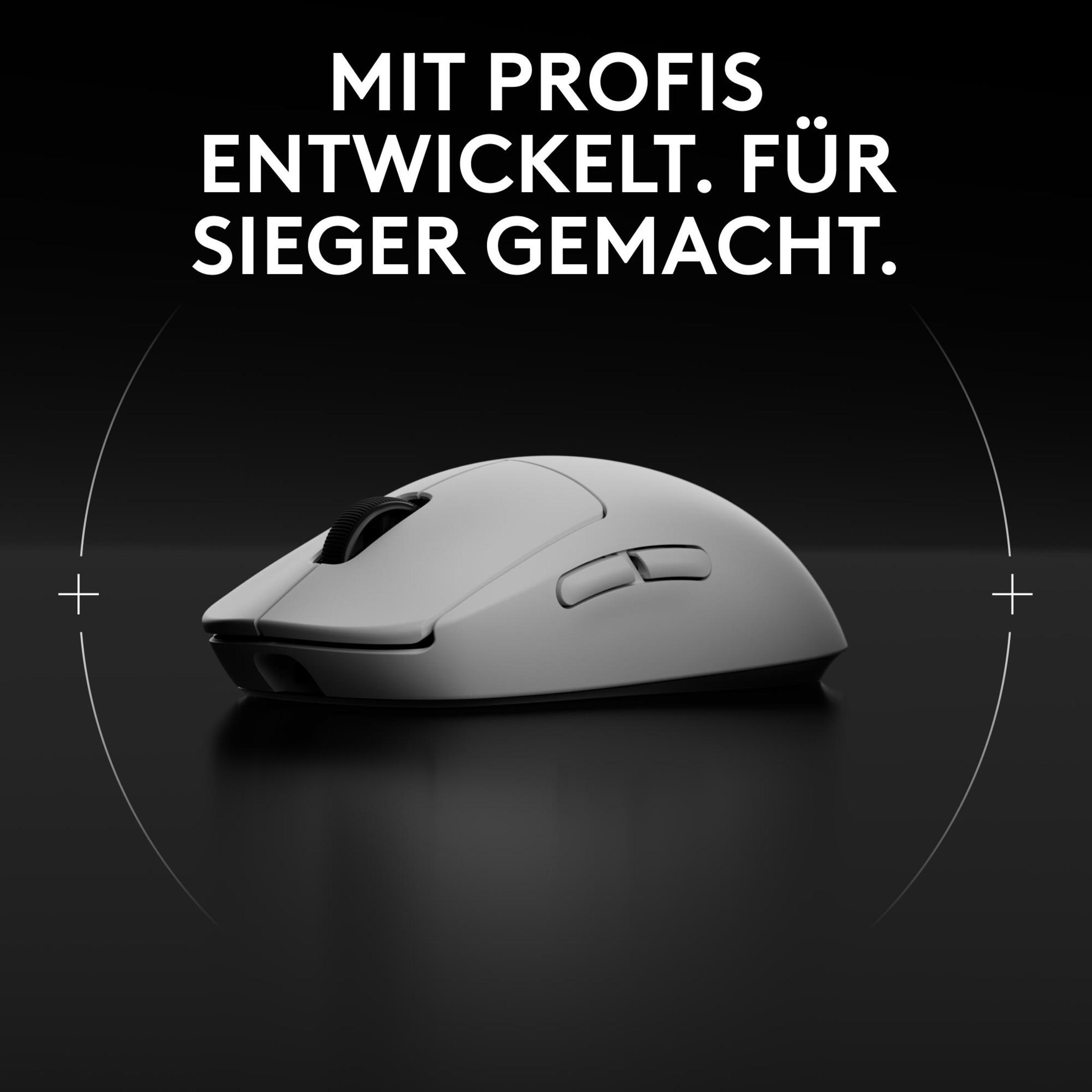 Szara mysz bezprzewodowa na czarnej powierzchni z tekstem: "MIT PROFIS ENTWICKELT. FÜR SIEGER GEMACHT."