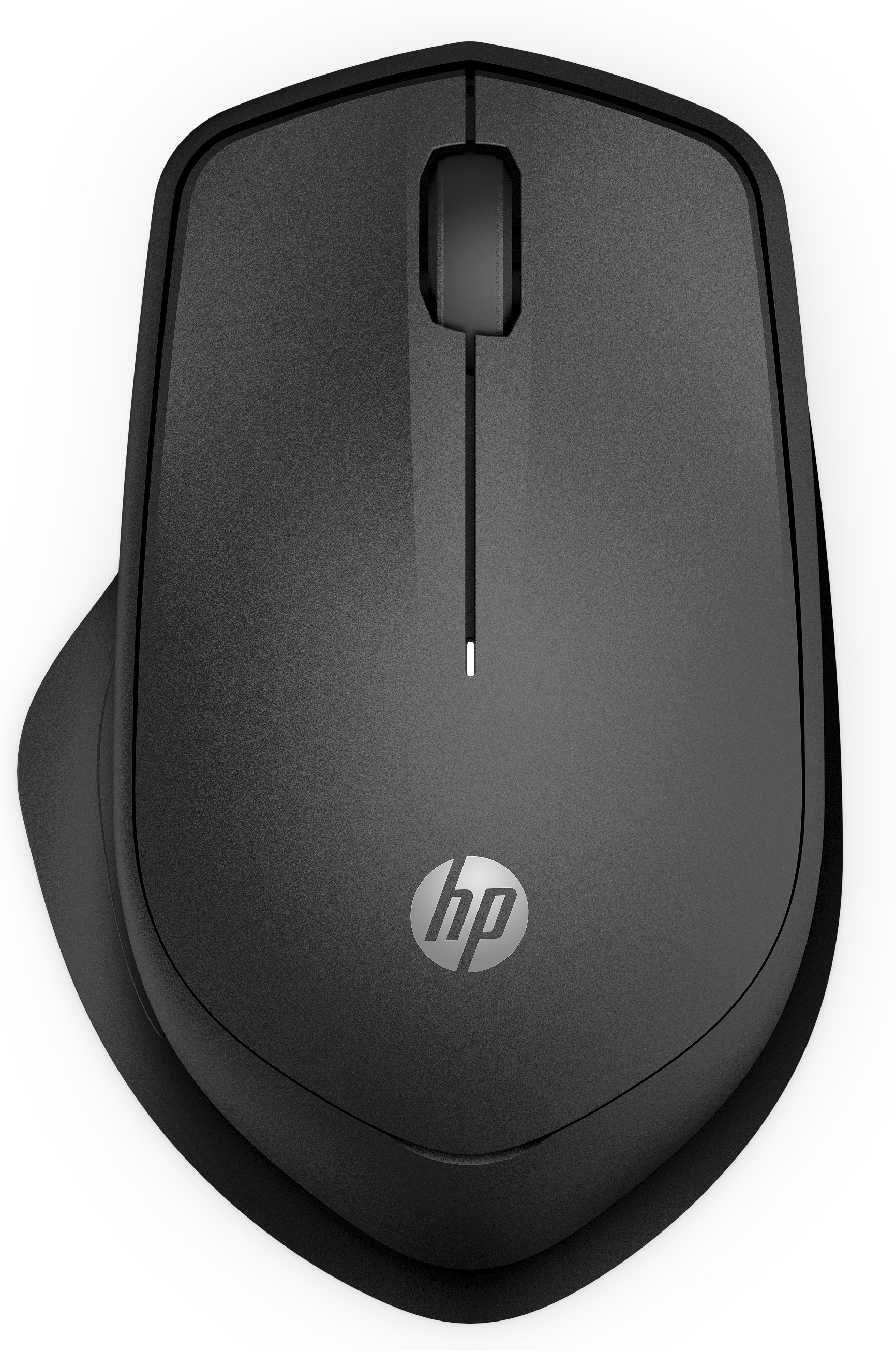Un mouse per computer HP nero con logo HP argentato.