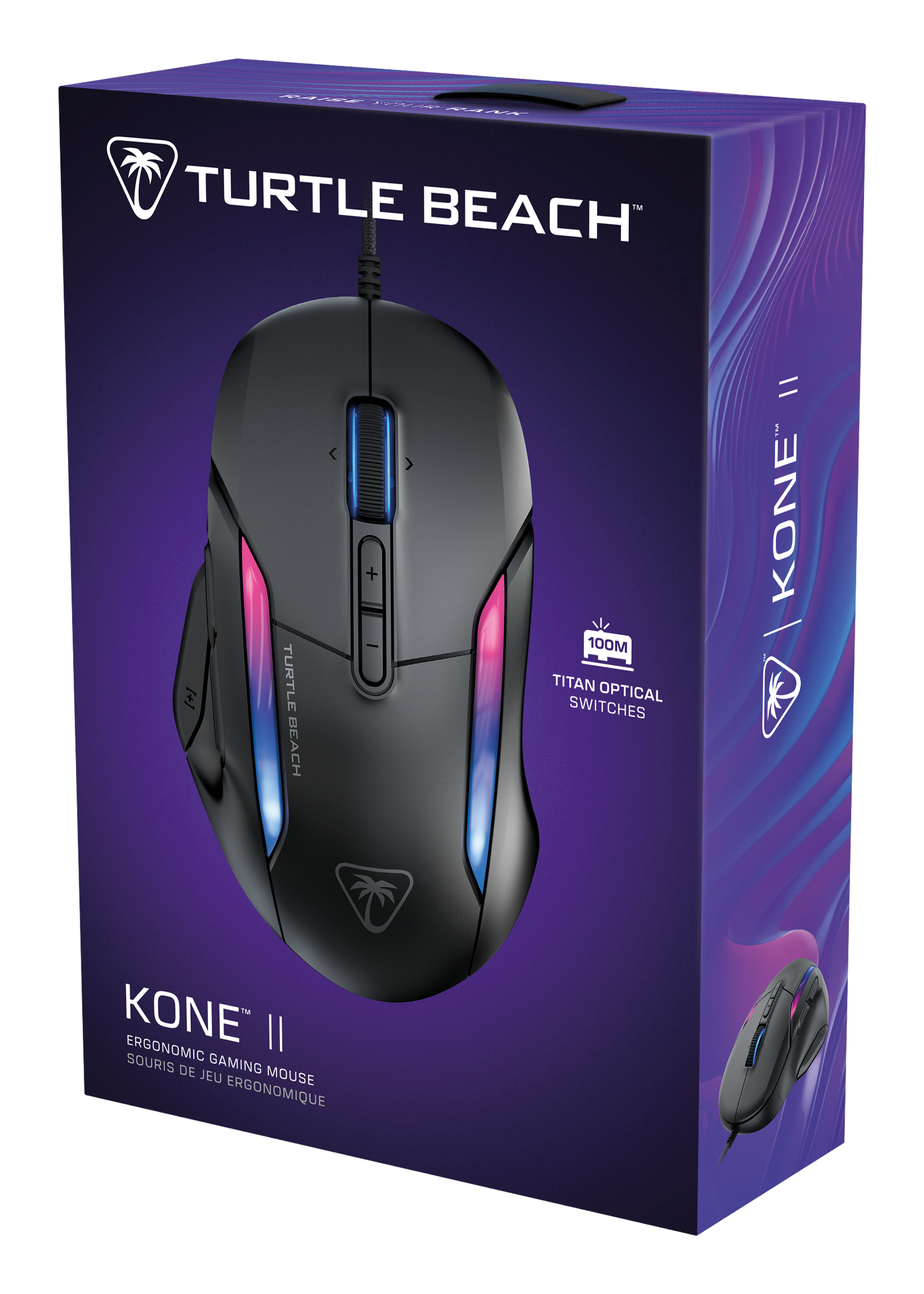 Czarna mysz do gier w pudełku. Pudełko jest fioletowe i zawiera logo Turtle Beach.