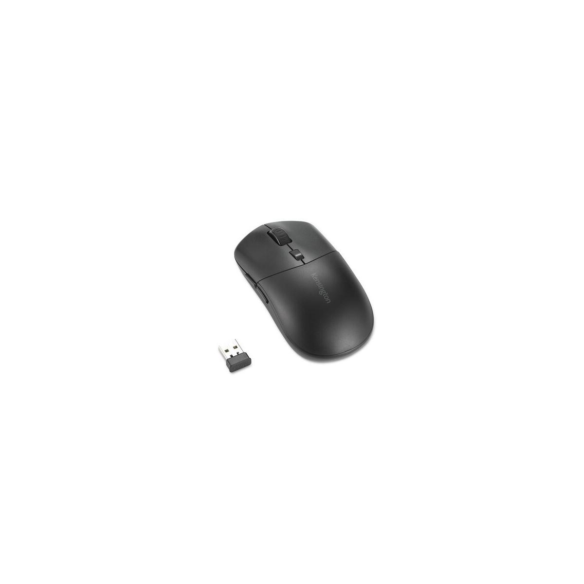 Mouse wireless nero con un piccolo ricevitore USB. Marchio Kensington.