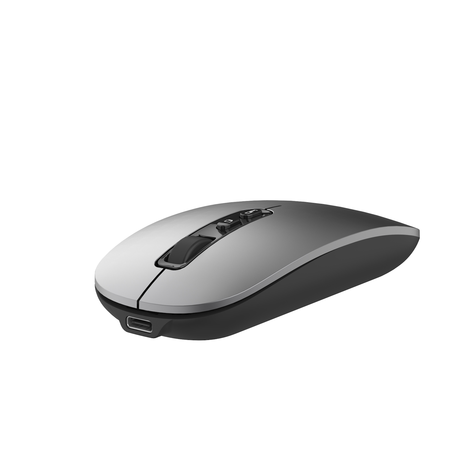 Silberne Maus mit schwarzen Akzenten. Oben Tasten und Scrollrad. USB-C-Anschluss. Weißer HG.
